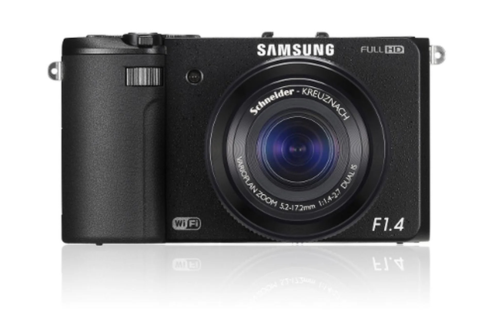 The unassuming Samsung EX2F Smart camera and its built-in fast F1.4 lens.