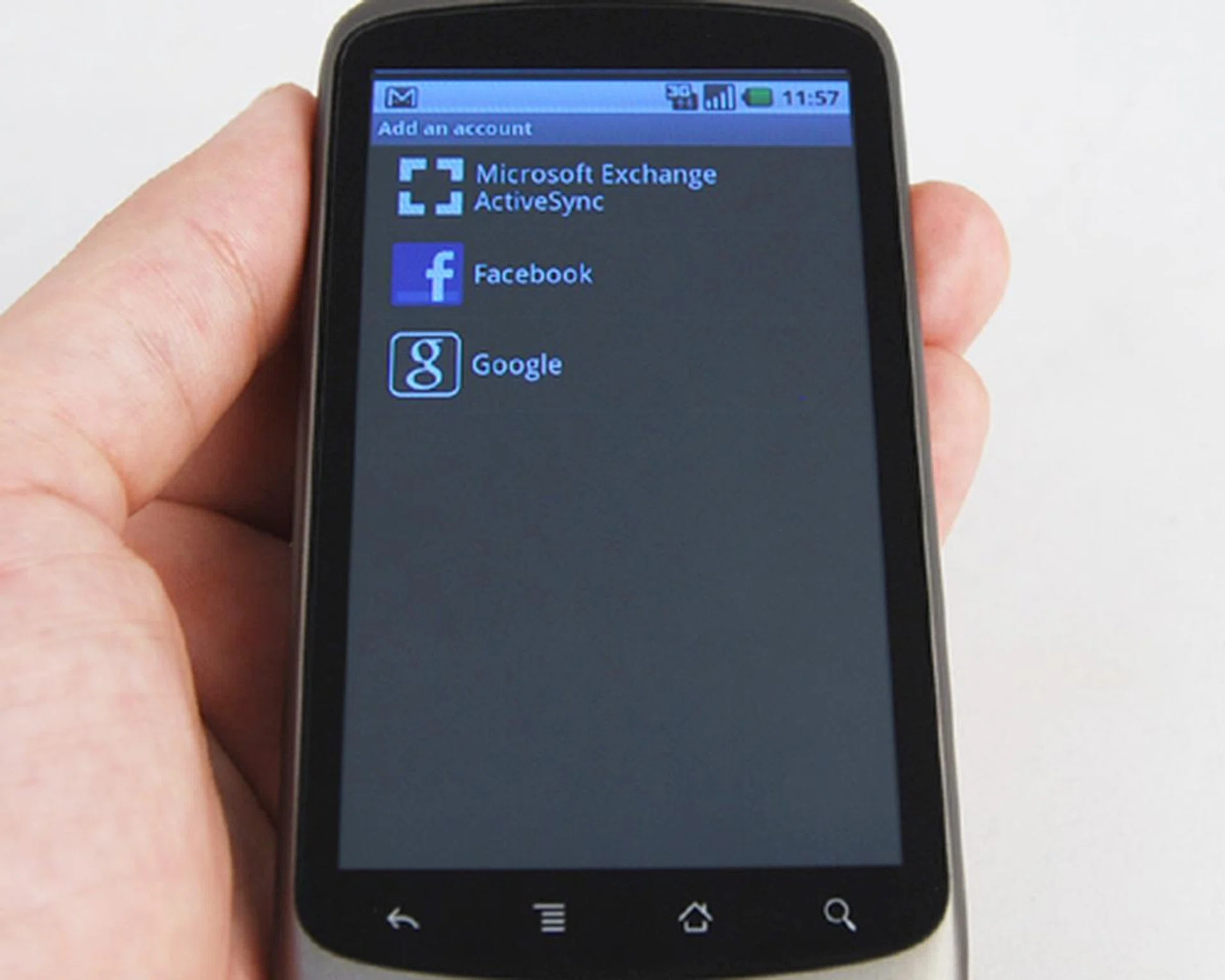 Besides the usual Google account, you can also add Facebook and Microsoft Exchange Activesync to the list of items to sychronize your data with.