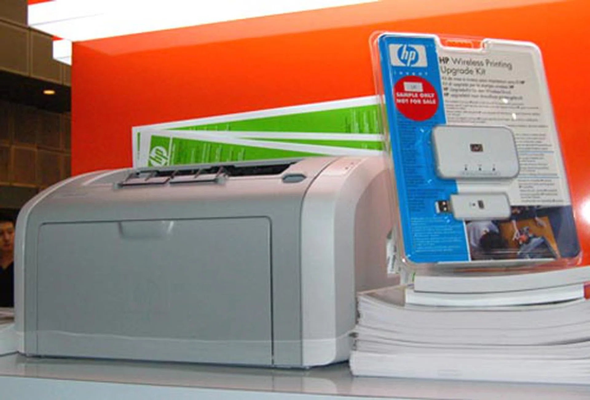  The HP LaserJet 1020 printer is bundled with a wireless adapter for only $249. The adapter enables the printer to print wirelessly. Unfortunate the wireless adapter itself is not for sale until later notice.  