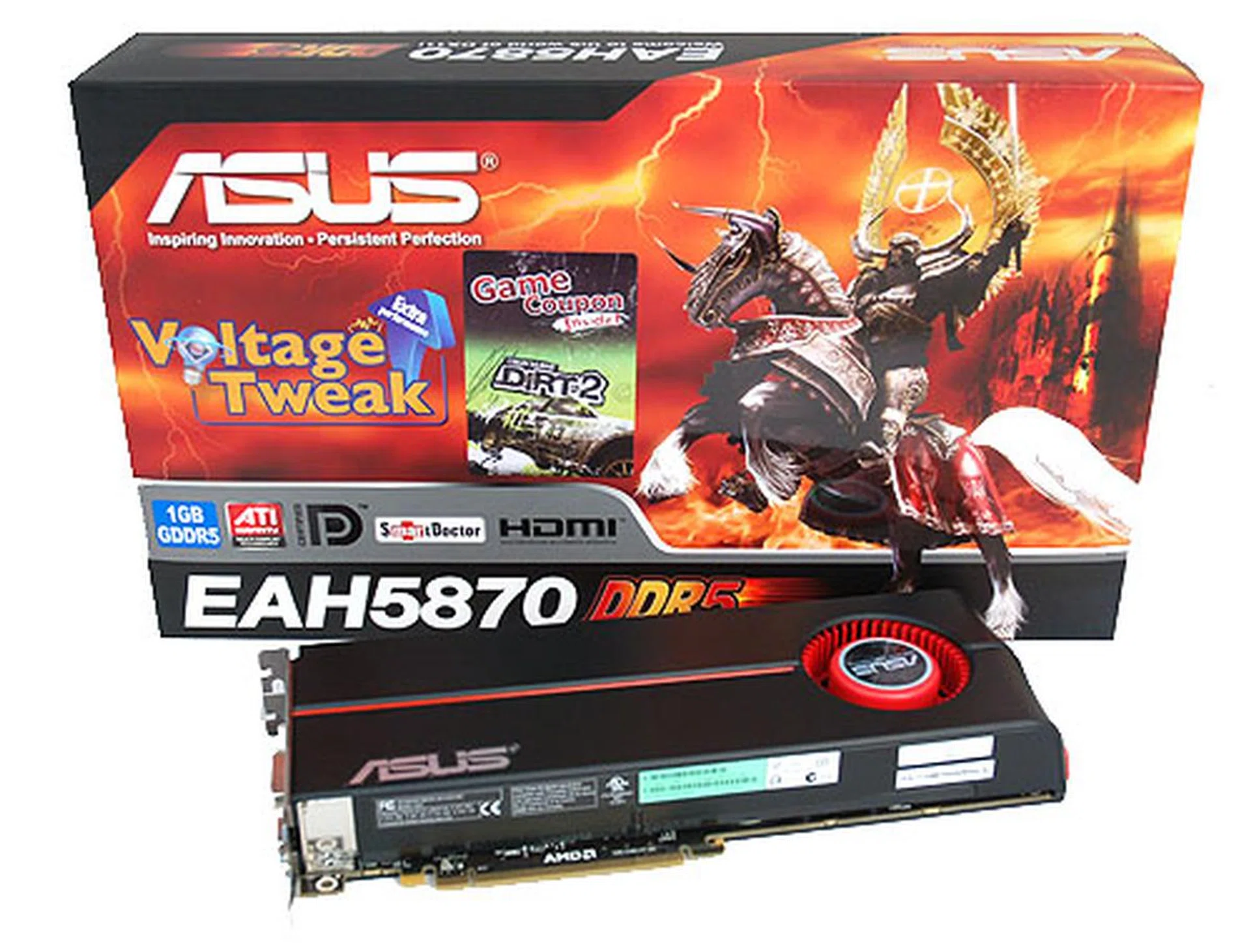 The ASUS EAH5870 retains the ASUS' "Death Knight" packaging, which proudly proclaims its "Voltage Tweak" functionality.