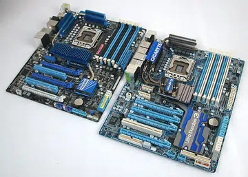 Our two refreshed X58 contenders, the ASUS P6X58D Premium and Gigabyte GA-X58A-UD7.