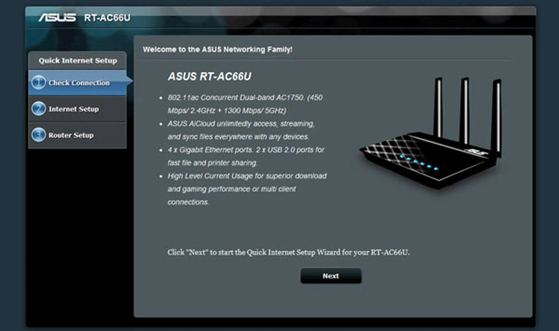 A default "Quick Internet Setup" splash page shows up if you're accessing the router via the web browser for the first time. To access its main user interface directly, try keying in "192.168.1.1/index.asp" into the browser's URL field.