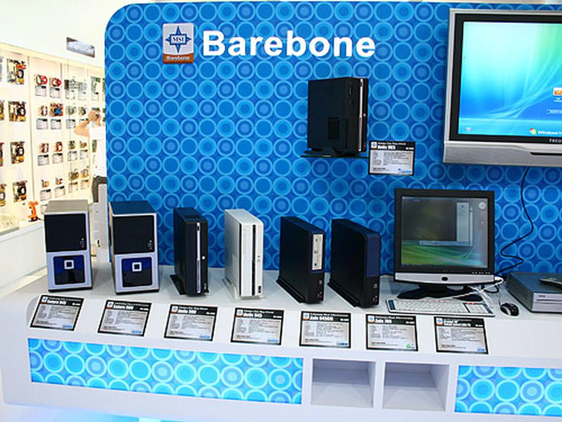  At MSI's booth, we saw a steady line-up of barebone systems for system integrators too. Although not your typical hardcore products, these systems are extremely suited for the office and general computing.  