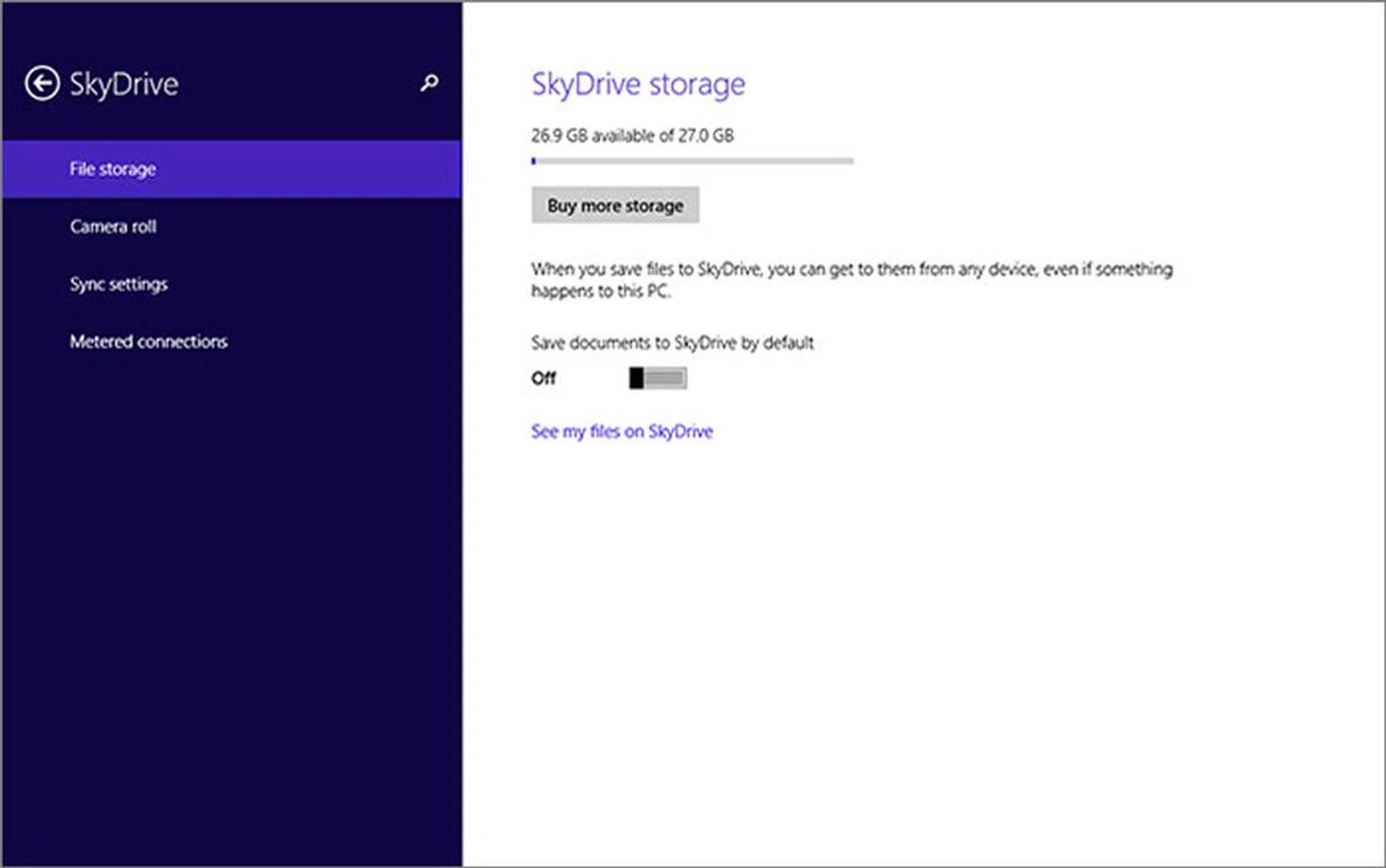 A new Microsoft account gets you 7GB of SkyDrive storage. This account has 27GB because of an Office 365 Home Premium subscription that gives an additional 20GB.