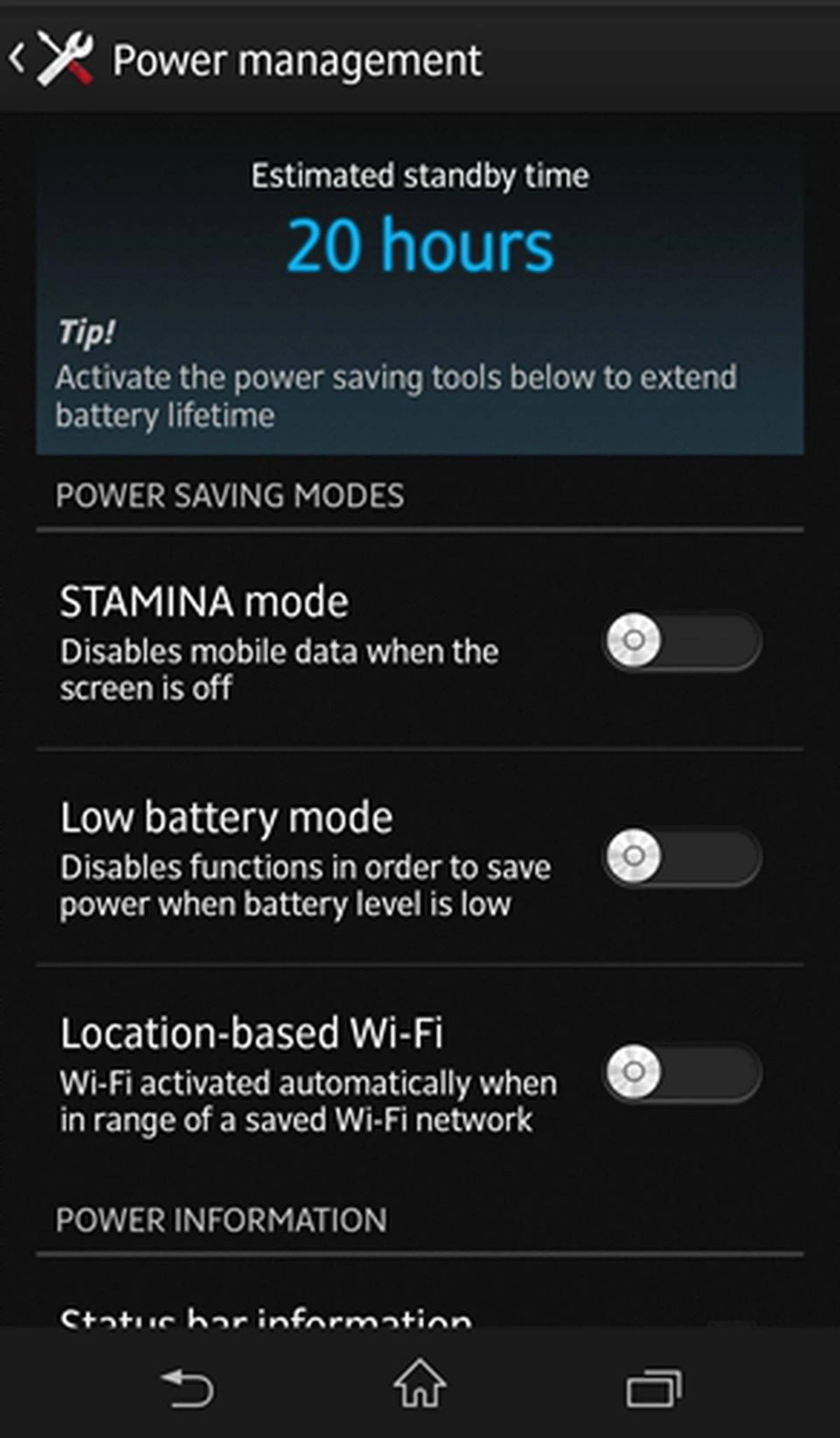 Enabling Battery Stamina Mode will disable Wi-Fi, mobile data and most applications temporarily. You will still be able to receive phone calls, text messages, Sony Calendar notifications and alarm signals. The Music Player and FM radio will continue to work, while downloads and uploads are allowed to finish.