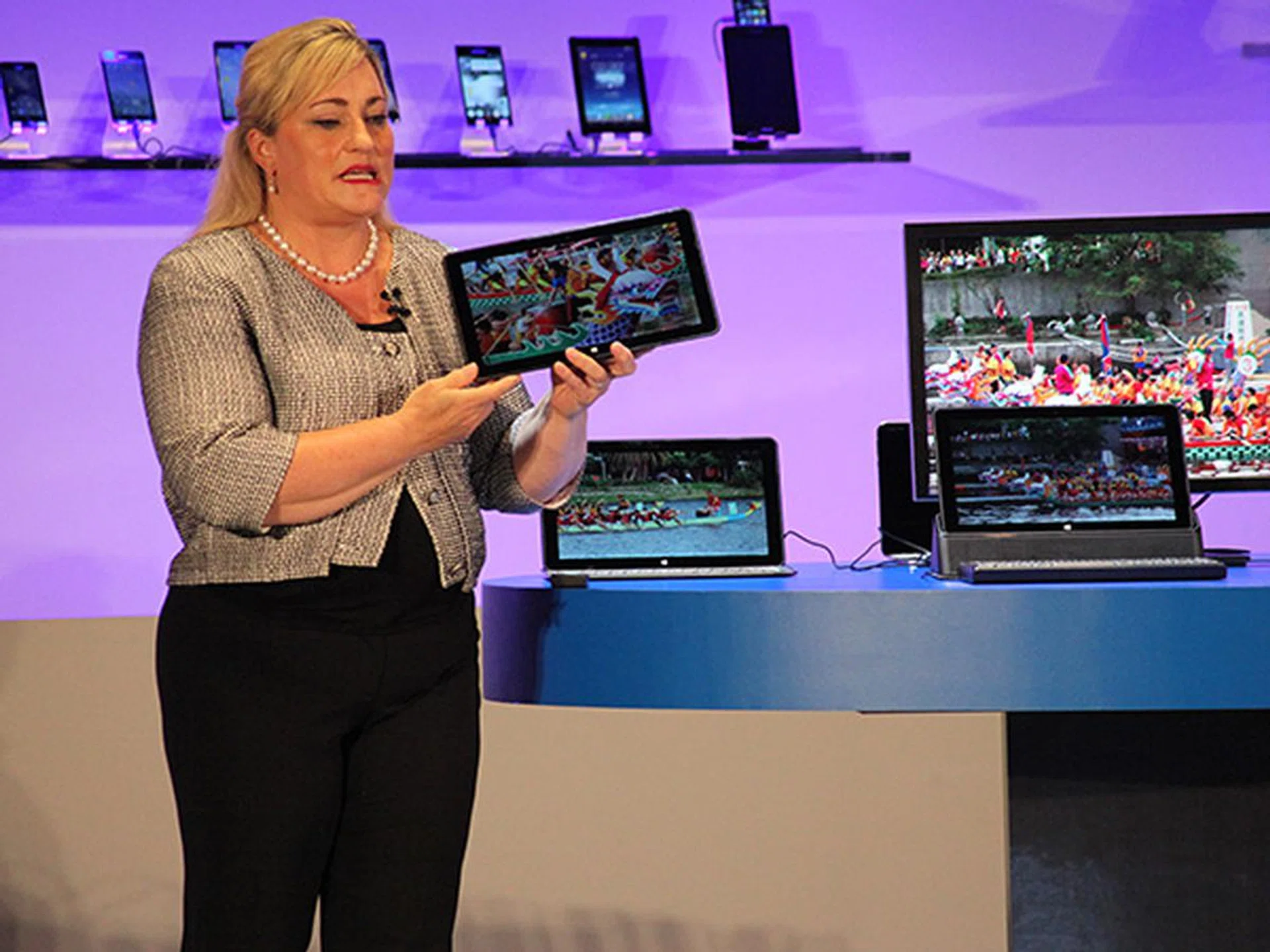 Intel corporation president Renee James with the world's first fanless mobile PC reference design based on the 14nm Broadwell processor. The reference product is a 12.5" screen that is 7.2mm thin with keyboard detached and weighs 670 grams. The innovative design is based on a purpose-built for processor for 2-in-1s and will be in market later this year. Called the Intel Core M processor, it will deliver the most energy efficient Core processor in the company's history.