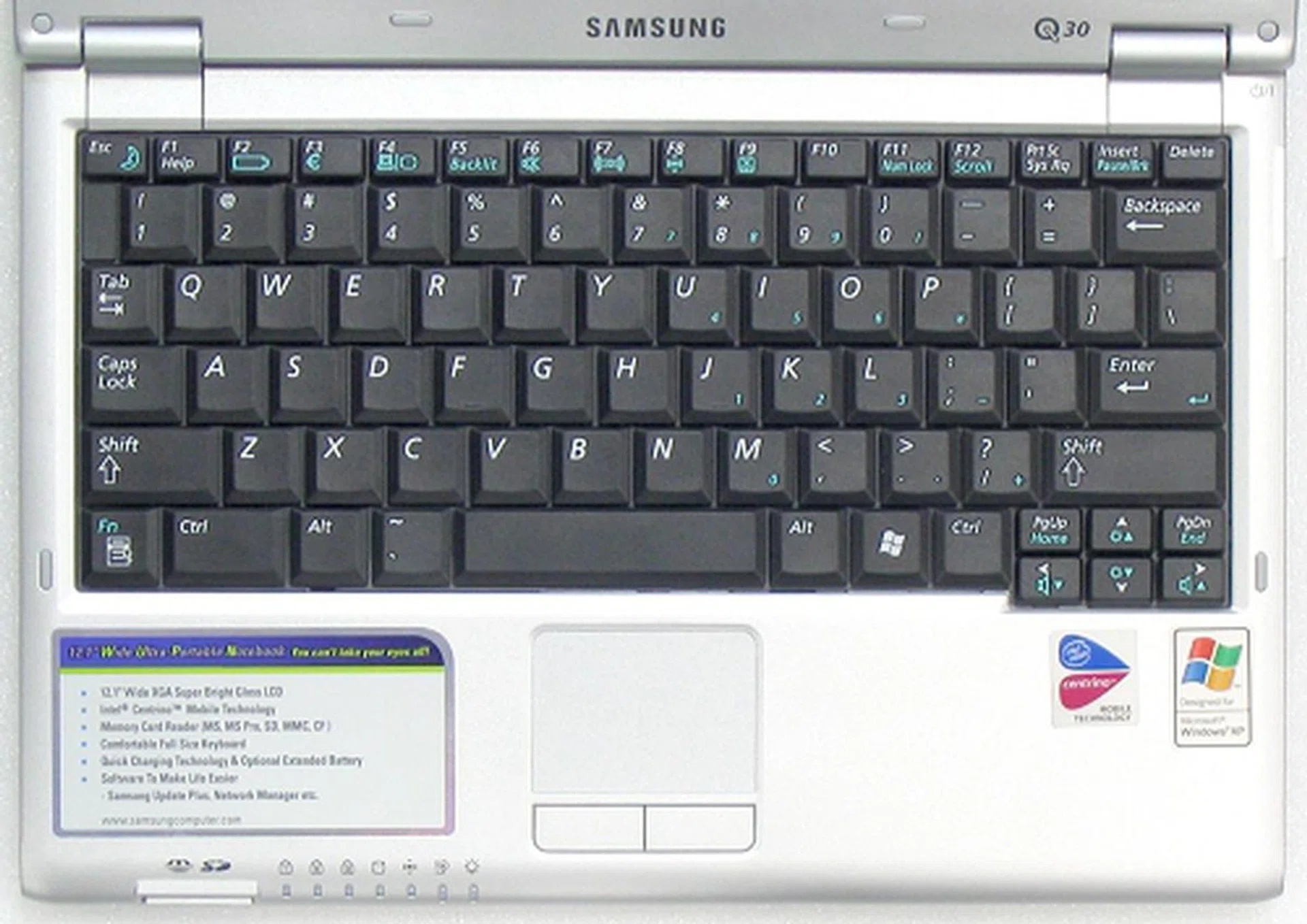 Plan view of the keyboard and touchpad.