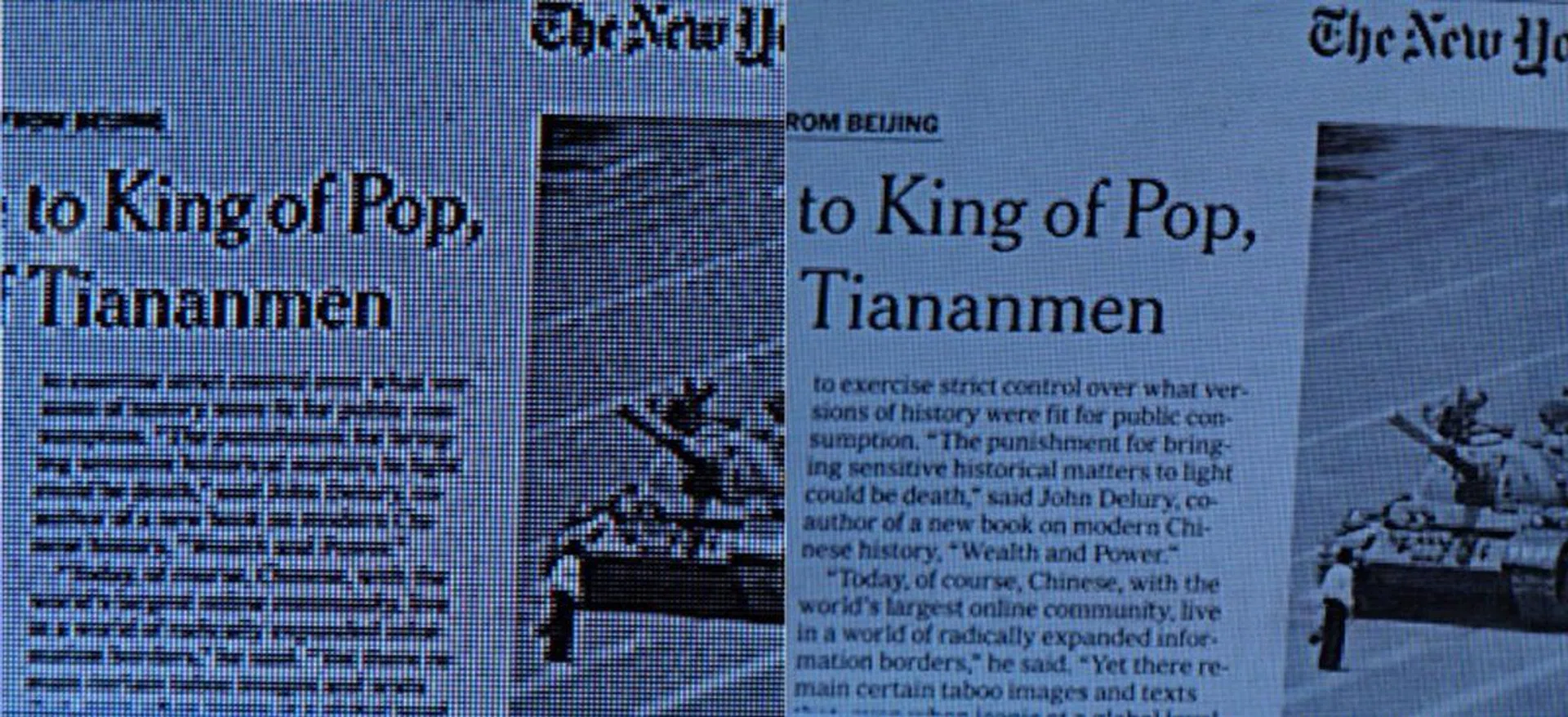 Left: FHD TV, Right: UHD TV.
In this newspaper article shown on the screen, it's as clear as night and day as to the clarity of the UHD TV.