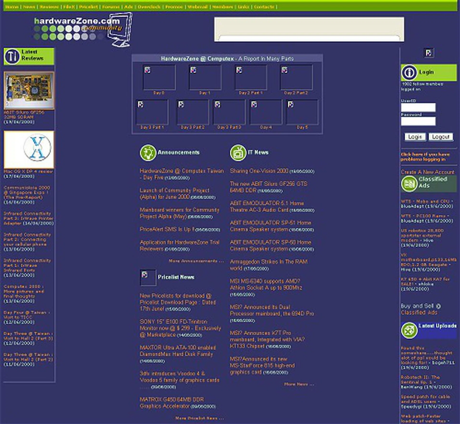 The new HardwareZone in year 2000 was based on a purple-motif, the corporate color. The site was likely designed for a particular resolution, hence the strips of void spaces as we took these screenshots. Surprisingly, the news took center stage while reviews and all other member services were neatly lining the periphery of the homepage. Click for a closer view of the entire page.