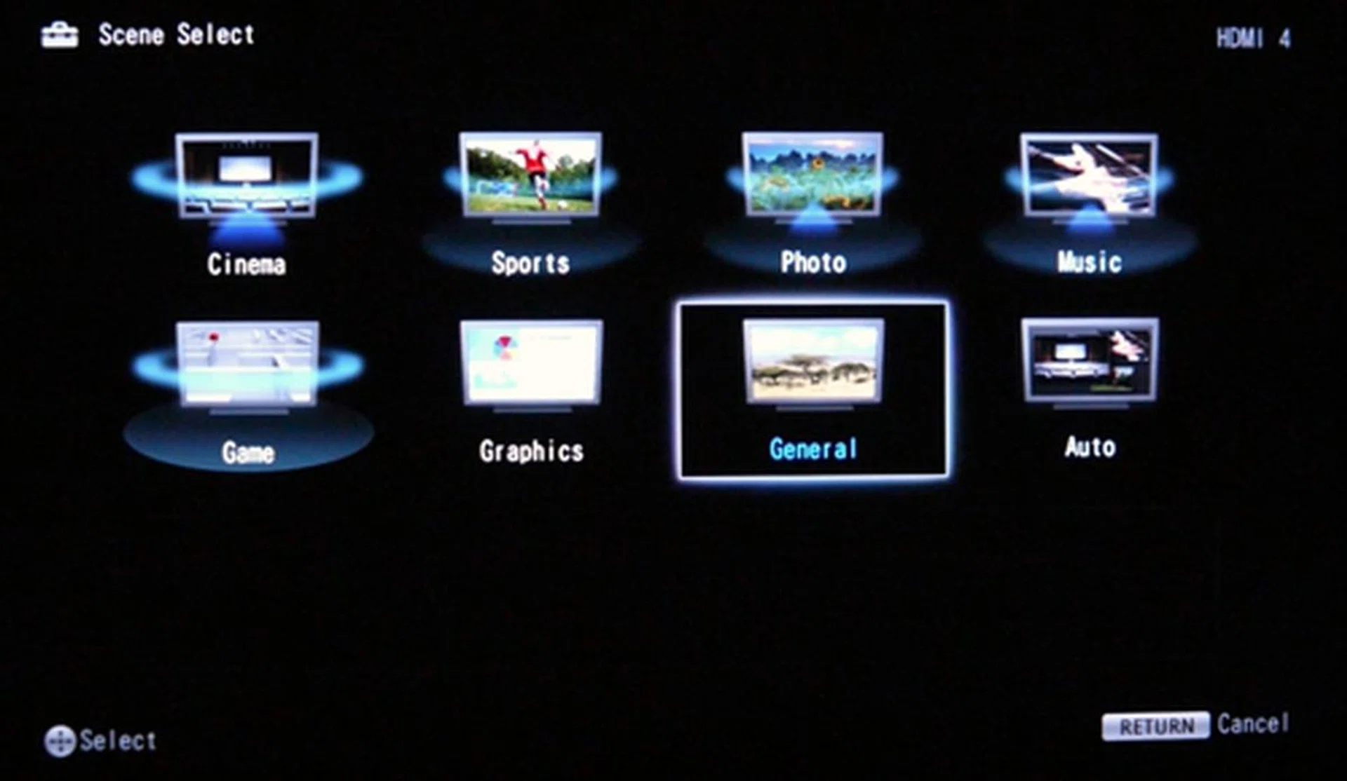 Picture presets normally fall under the Picture or Display settings for most HDTVs, but not with this BRAVIA though. Hit the System Settings option to locate the various presets available. You'll find them under the "Scene Select" sub-tab.