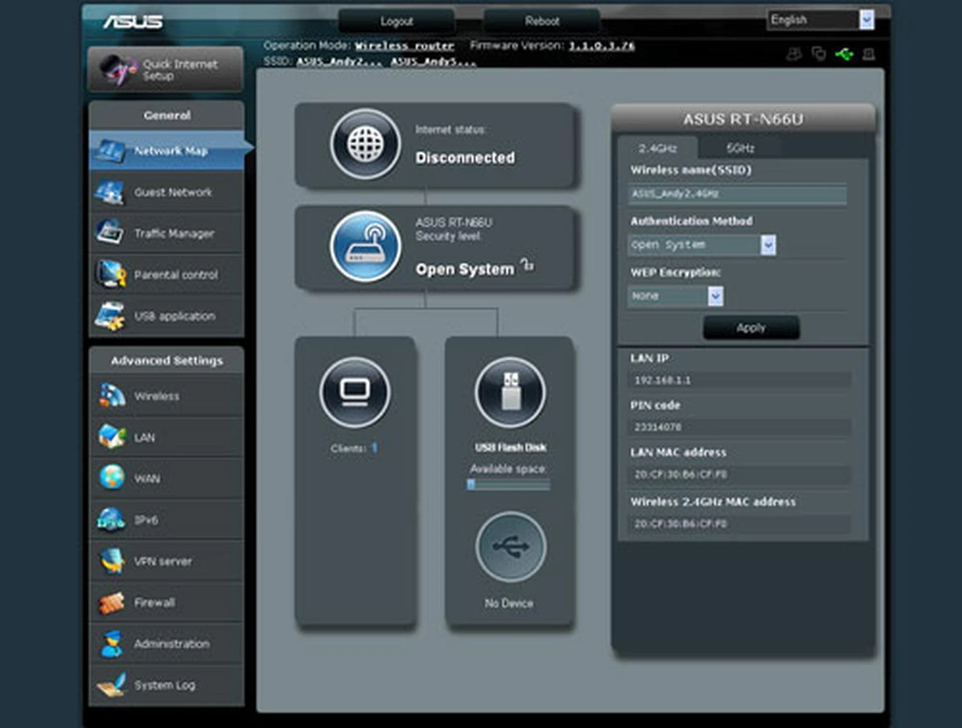 Here's a quick peek at the ASUSWRT Dashboard graphical interface after we applied a factory reset on the router. It is quite rare to find such an attractive UI for home or SOHO routers that touts a user-friendly yet feature-packed layout. 