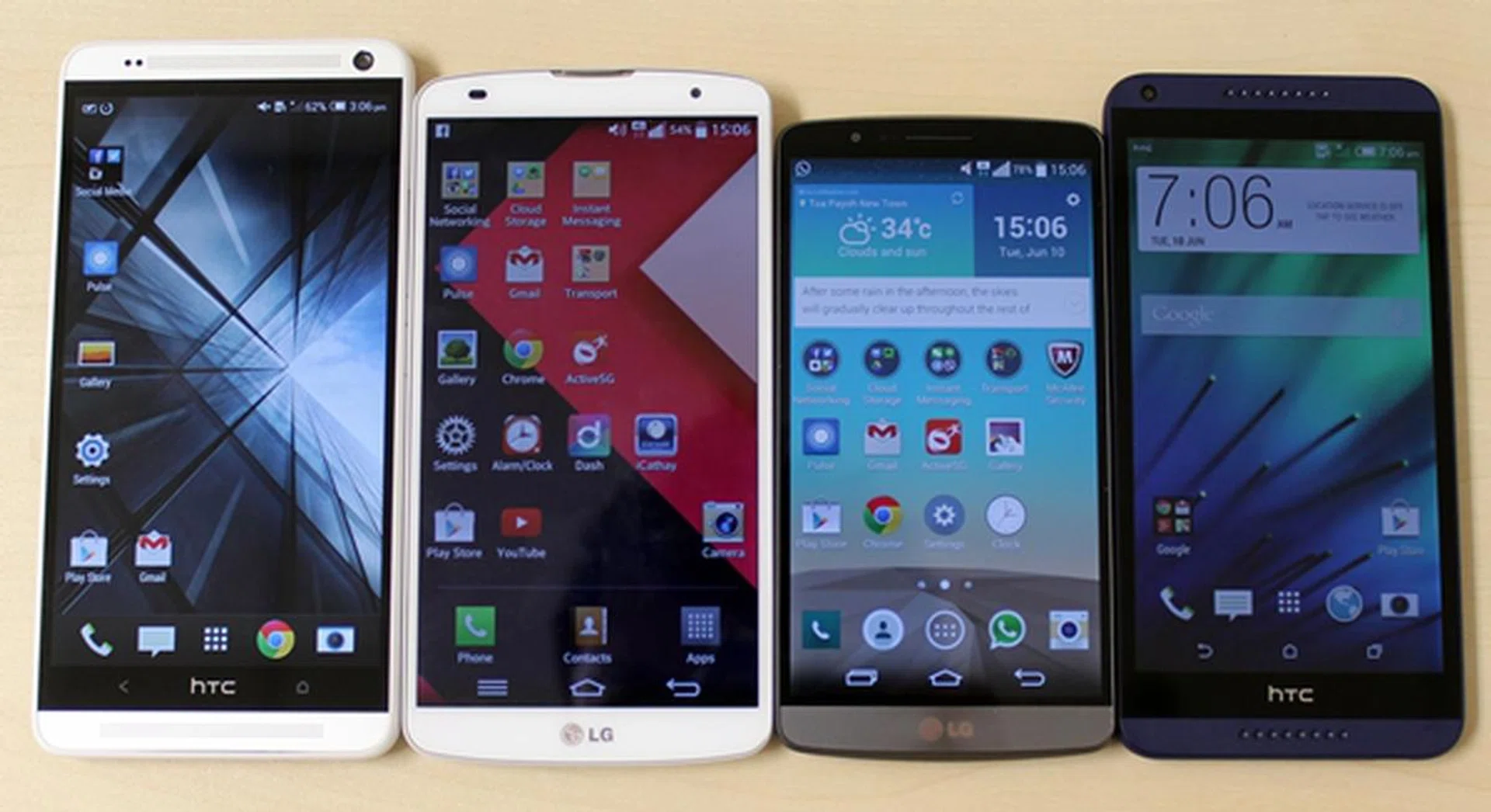 From left to right: 5.9-inch HTC One Max, 5.9-inch LG G Pro 2, 5.5-inch LG G3 and 5.5-inch HTC Desire 816.