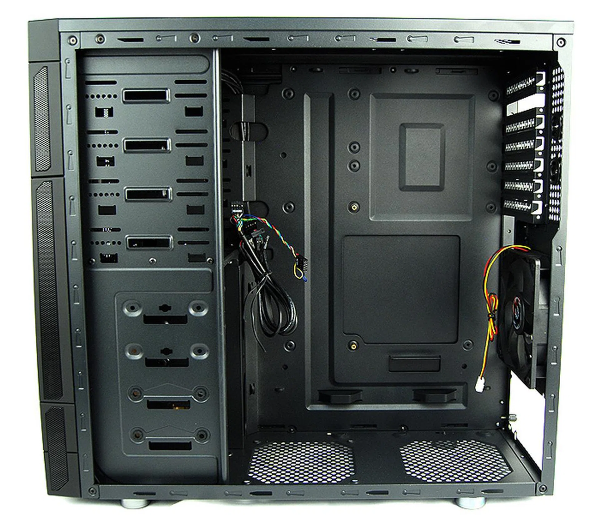 A look at the internals of the Outlaw. Note the position of the CPU cutout in its inverted motherboard layout.