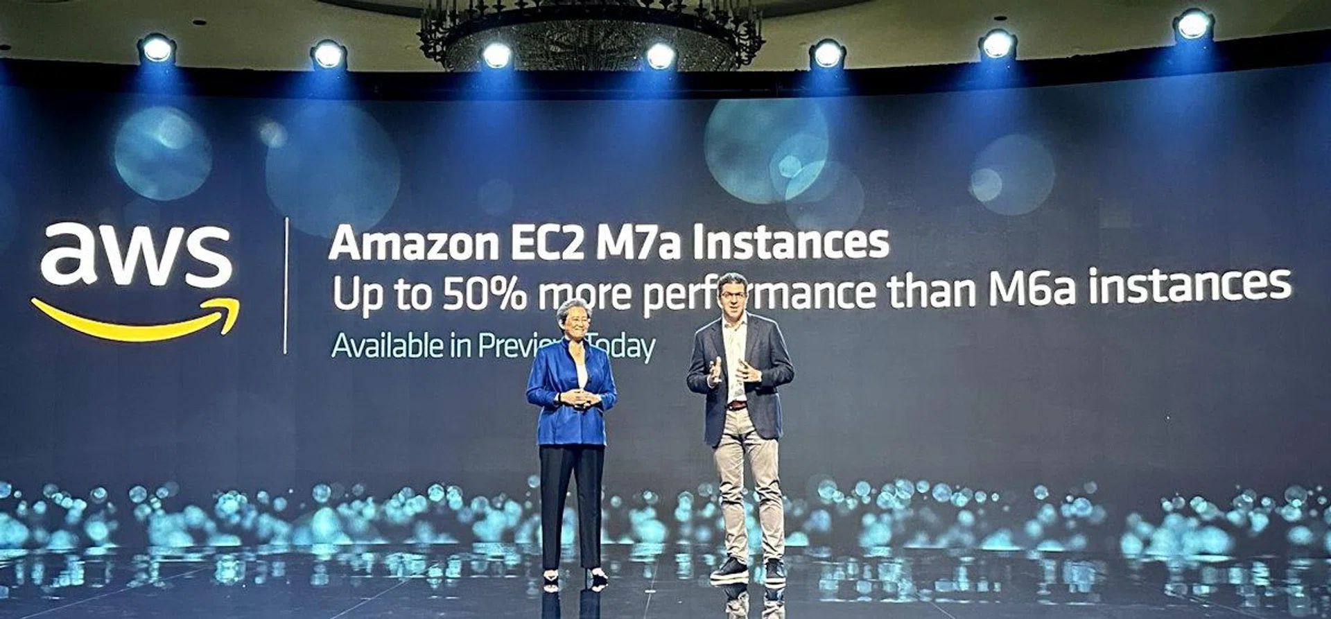 AMD CEO Dr. Lisa Su and AWS EC2 VP, Dave Brown announcing the preview availability of Amazon EC2 M7a instances based on AMD 4th-gen EPYC "Genoa" CPUs.