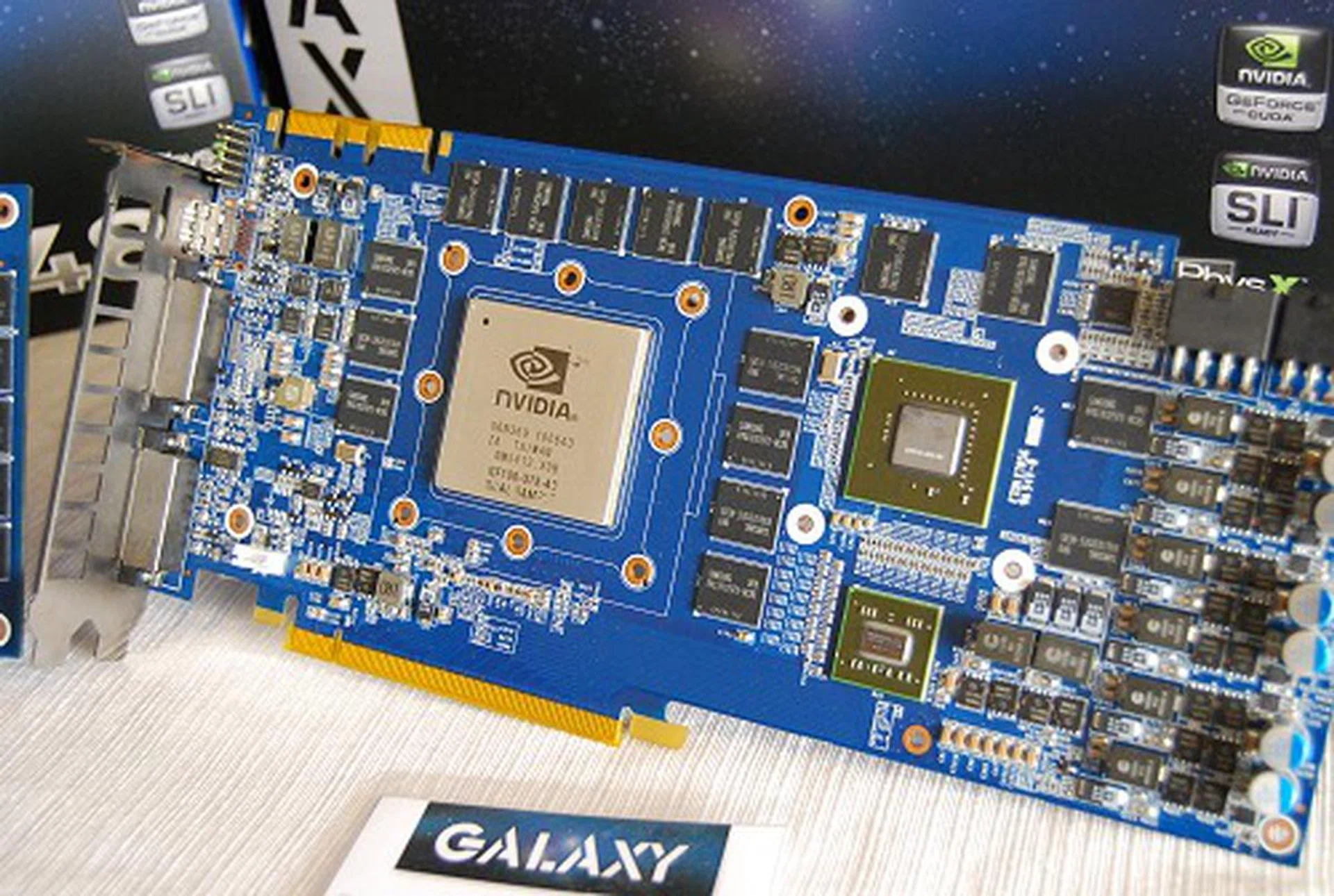 Also on show were two prototype cards. The first is this card which houses a GeForce GTX 470 GPU as well as a GeForce GT 240 secondary GPU whose function is solely to double up as a dedicated PhysX processor. If market demand is right, Galaxy has a card ready for deployment in due time.