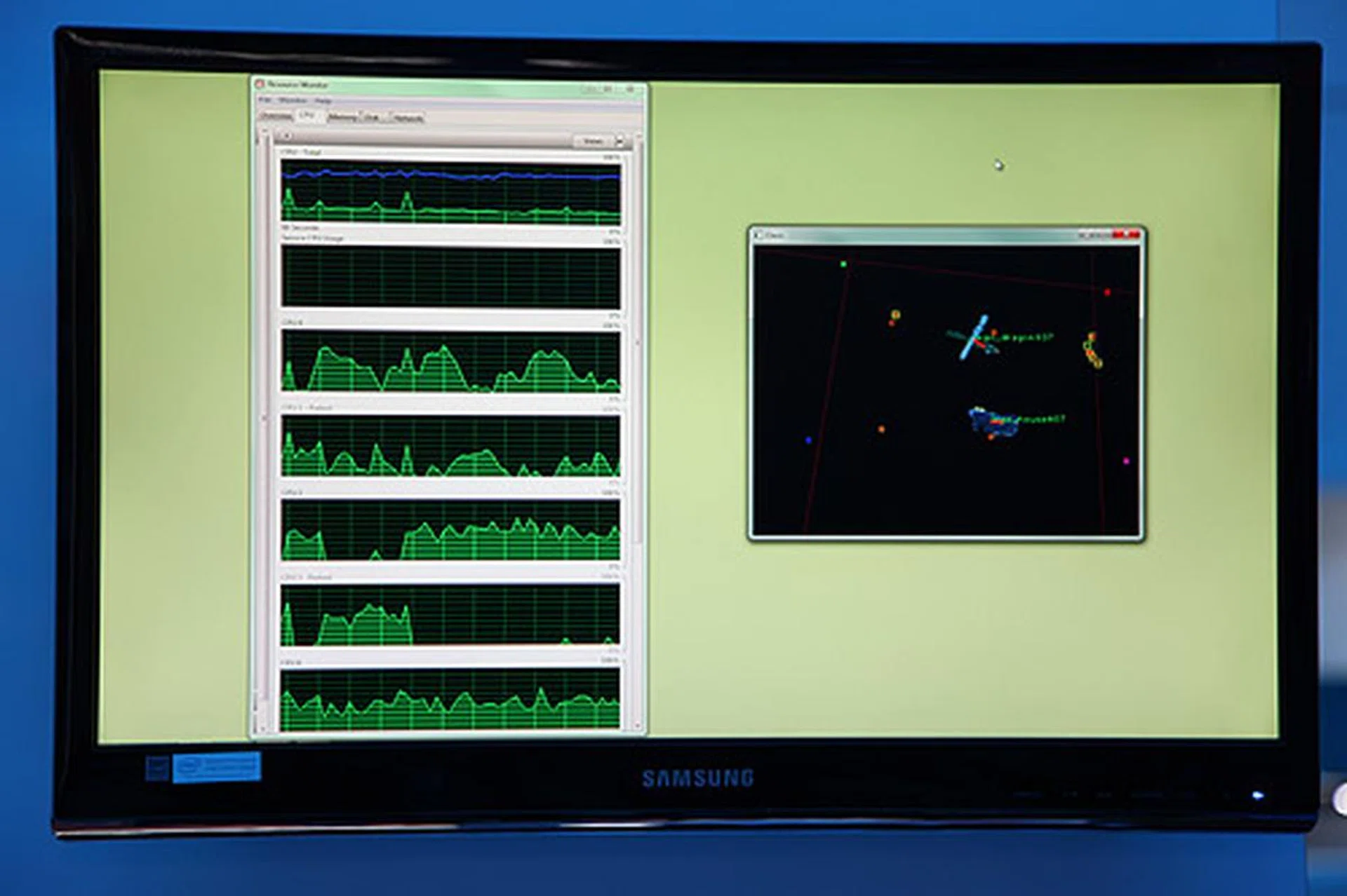 Task manager shows how each thread is utilized in the system. According to Intel, the new Sandy Bridge processor has enough horsepower and processing threads to make object and gesture recognition a reality.