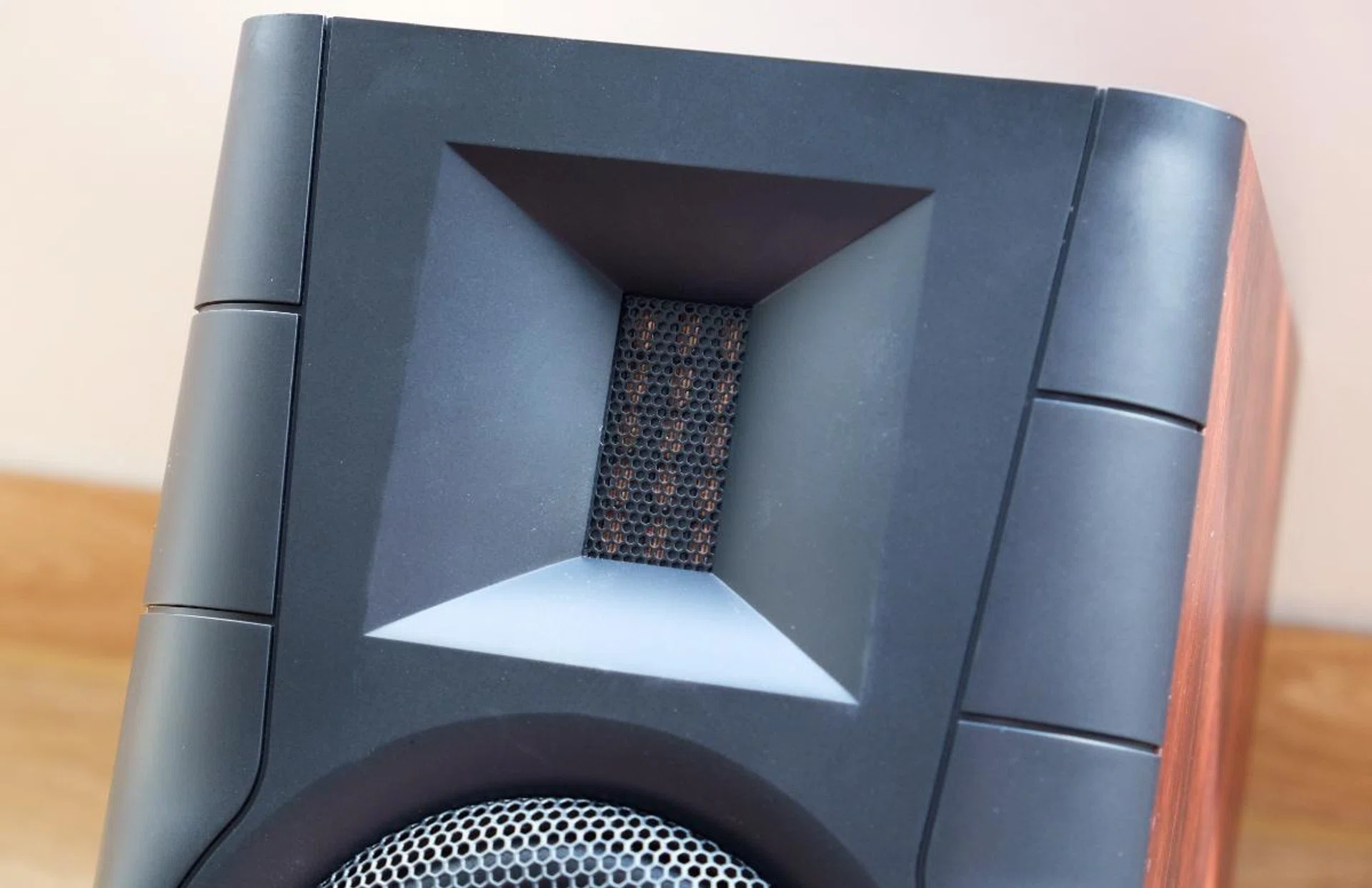 Instead of a typical soft dome tweeter, the D100 has an isodynamic ribbon tweeter. Note how it sits within a waveguide.