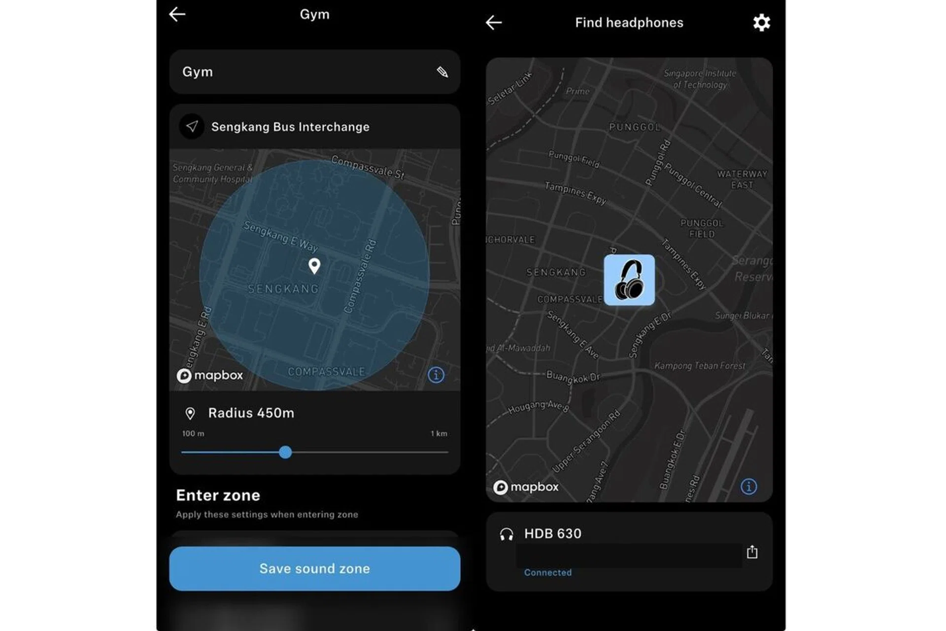 Screengrab of the Sennheiser SmartControl Plus app showcasing the Sound Zone and Find my feature offered by the Sennheiser HDB 630 