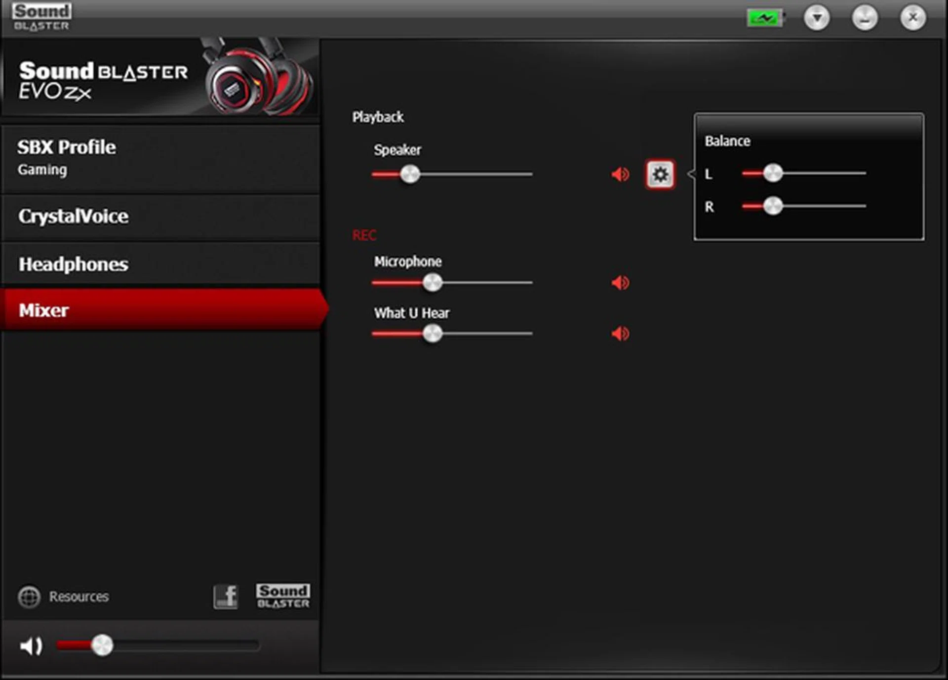 The Mixer tab on the Sound Blaster Evo Control Panel can be used to adjust the volume levels of the microphone and audio playback.