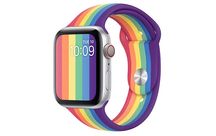 The new Apple Watch Pride Edition Sport Band sports a distinctive vertical-stripe rainbow design. (Image: Apple.)