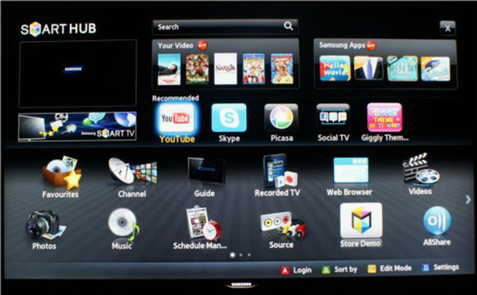 The home page for the Smart Hub lays out all the different sections in an easy to use interface. Content is divided into Applications, Your Video, Social TV and an all purpose display at the bottom. Situated top-center is the Search All function.