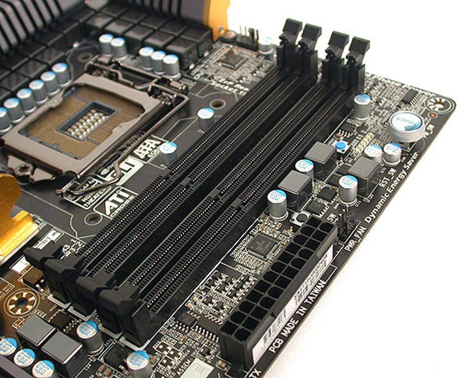 Gigabyte has gone all dark and moody for this generation of motherboards and all the DIMM slots are black to go with the theme. They support up to 2133MHz DDR3 memory modules, for a total of 32GB. 