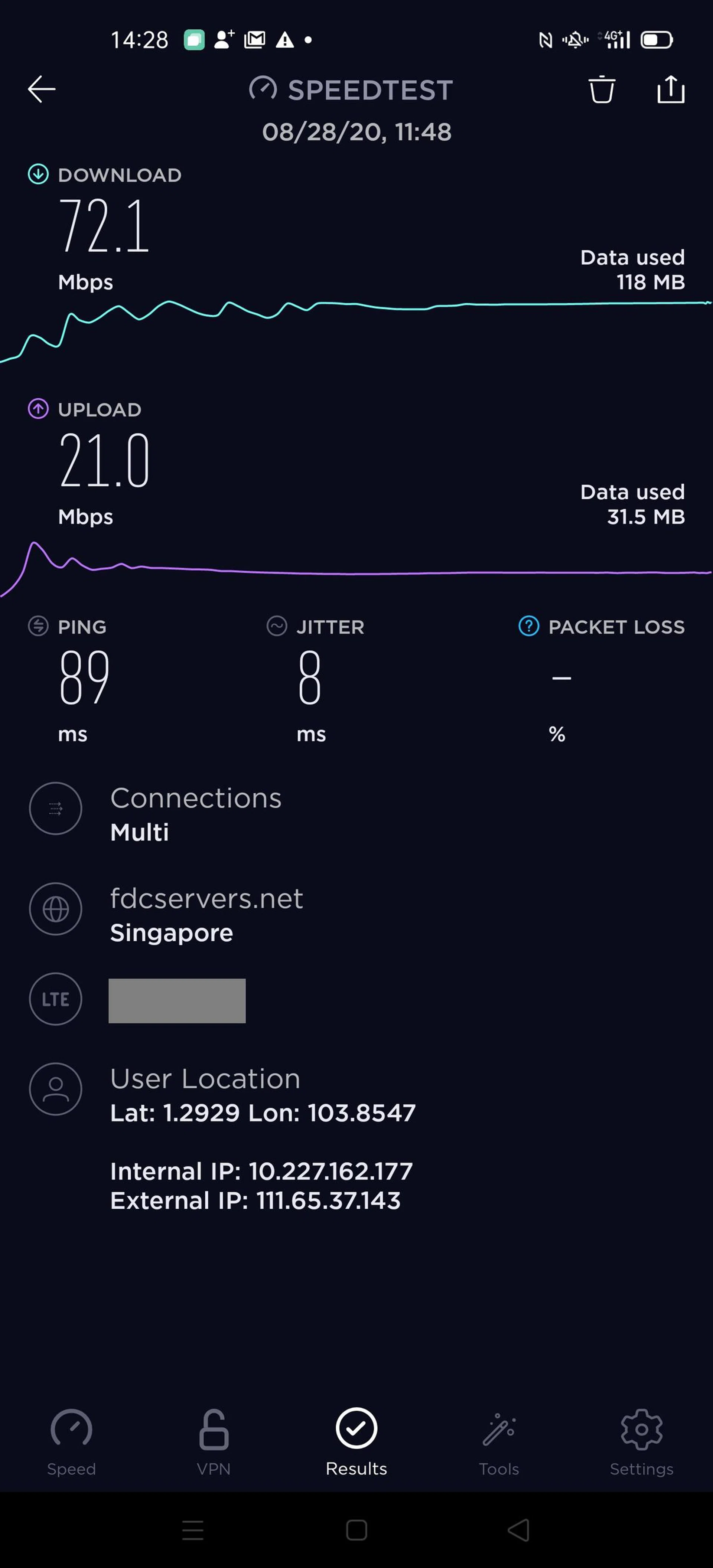 Competing 4G network, Test 1.