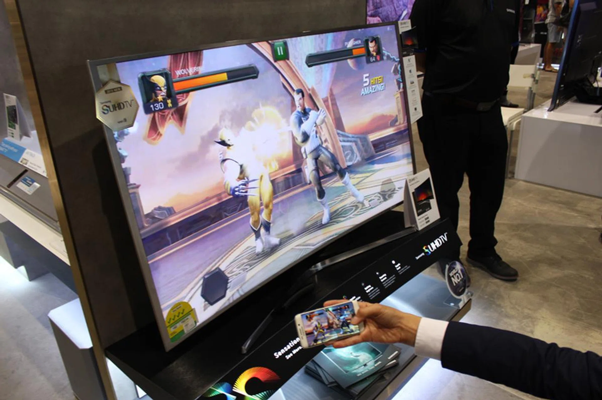 Quick Connect in action. The Samsung representative had Marvel's Contest of Champions playing on his Samsung phone, which connected smoothly with the SUHD TV. There is a slight transmission lag (as the action on the phone was faster than on screen) but other than that, it worked reasonably well.