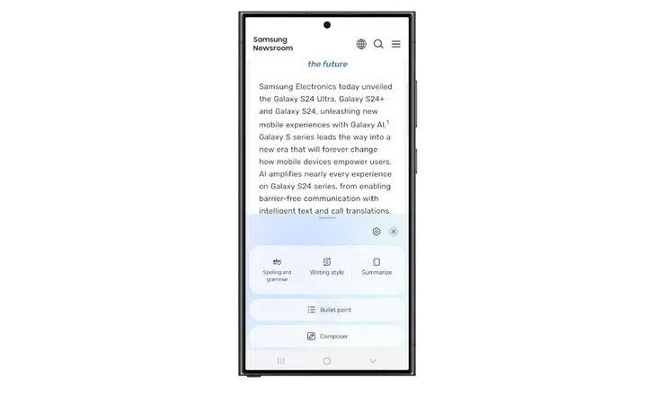 The updated writing assist tool is integrated into the operating system. Previously, these shortcuts were only available in its first-party apps. Image: Samsung.
