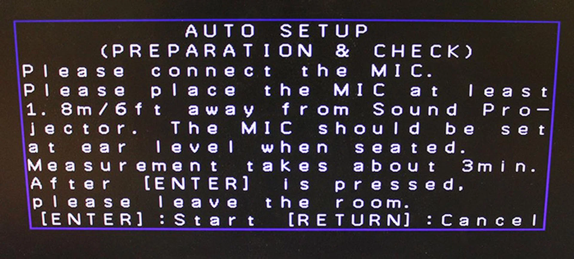 When you fire up the sound bar for the first time, you will be greeted by this screen (when hooked up to the TV), which will help you setup the speakers for optimal performance.