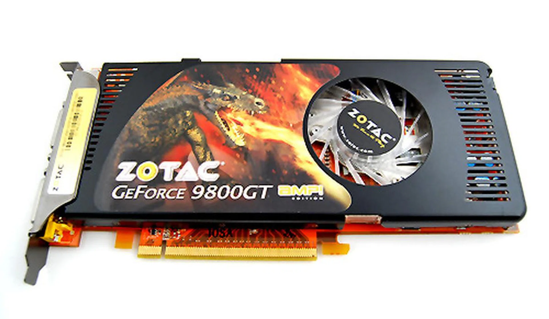 Zotac's 9800 GT AMP! Edition is the only one of the four that is of a single slot design. Despite being aggressively overclocked, it uses the same reference cooler found on older 8800 GTs.  