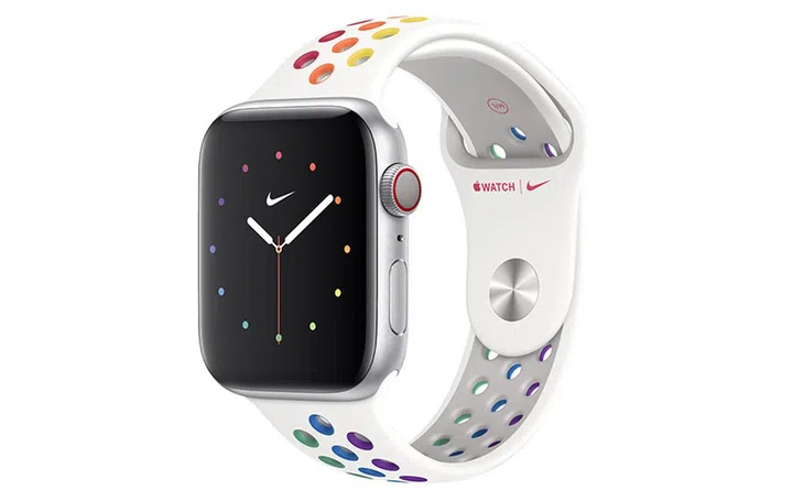 The Pride Edition Nike Sport Band has the rainbow colours in the holes. (Image: Apple.)