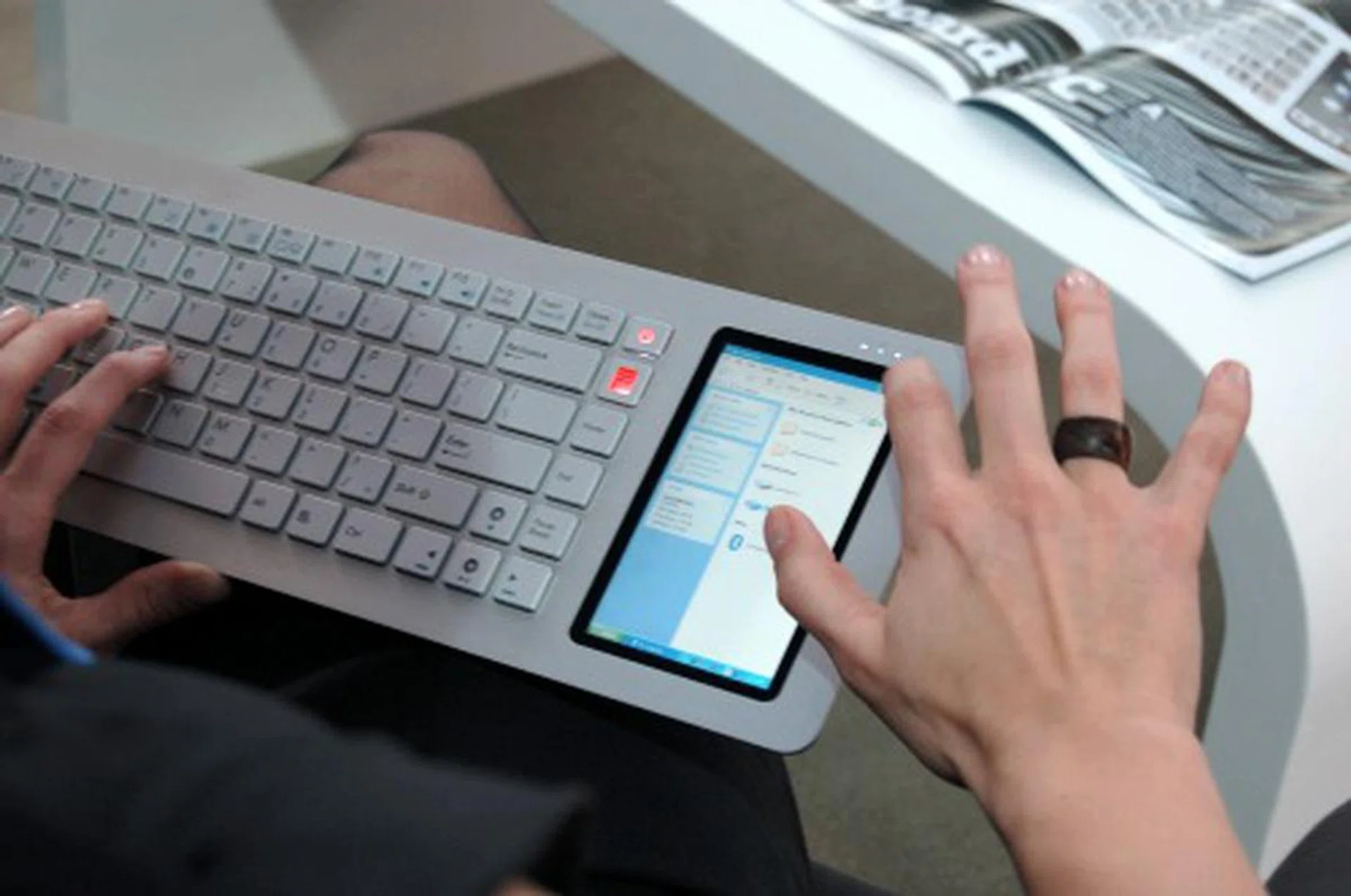 Here's a close-up of the Eee Keyboard PC in operation. Notice the Windows XP OS? The 5-inch touch-screen can be difficult to use in the usual Windows environment as it's screen is too small.  