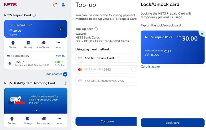 Example of using the NETS app to manage NETS Prepaid Cards.