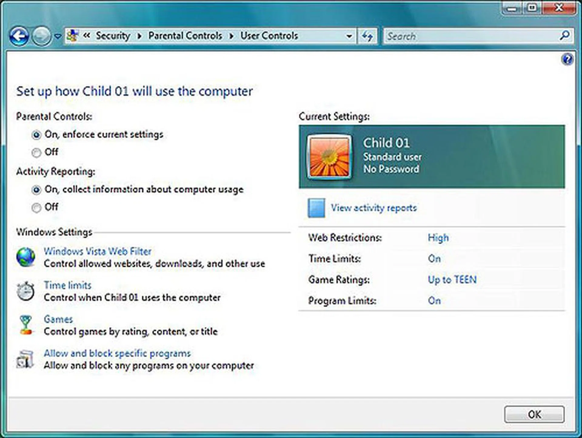 Parental Controls is a new feature introduced along with Windows Vista. Much like administrator controls, Parental control is made easy for parents who are not tech savvy. In this options page, you can view all the activities that your child has performed, including what applications he or she has used for the day.