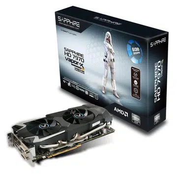 The Sapphire HD 7970 6GB Vapor-X Edition features a Dual BIOS button that will boost its the core clock speed from 1000MHz to 1050 MHz. Its high-end features include a 10-phase power delivery system and double sided Black Diamond chokes, mounted on a 12-layer PCB board.