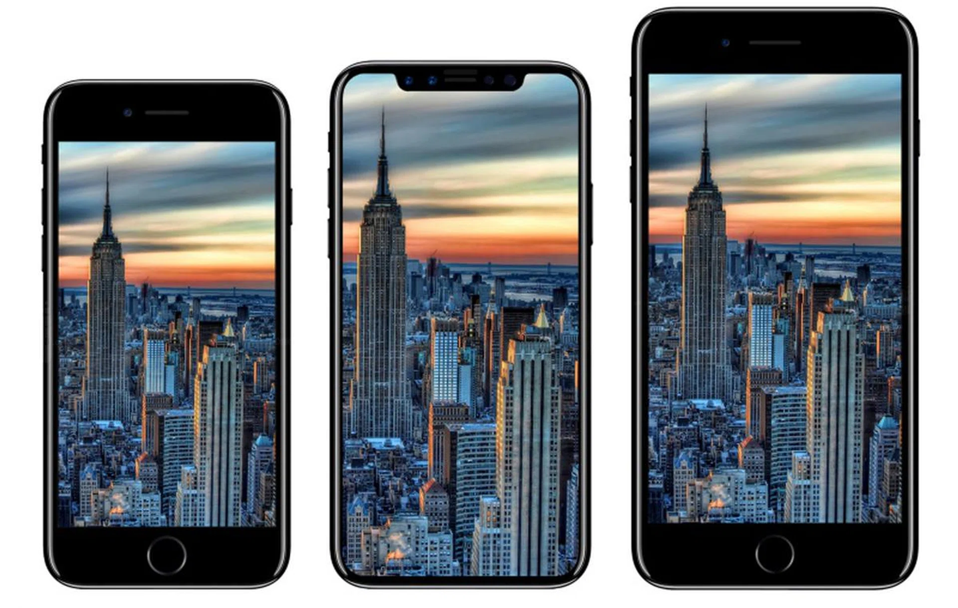 From left to right: Apple iPhone 7, Apple iPhone 8, Apple iPhone 7 Plus. (Image source: iDROPNEWS.)