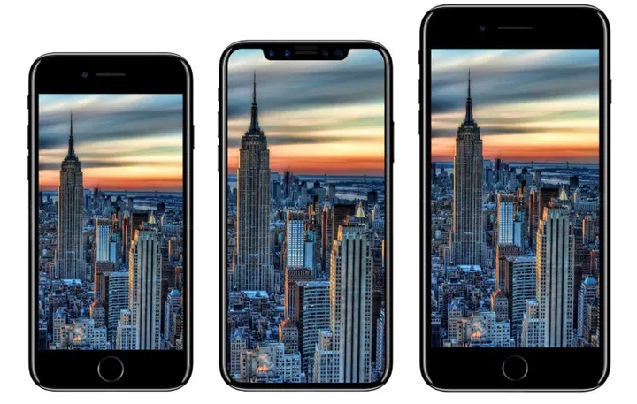 From left to right: Apple iPhone 7, Apple iPhone 8, Apple iPhone 7 Plus. 
<br>Image source: iDROPNEWS