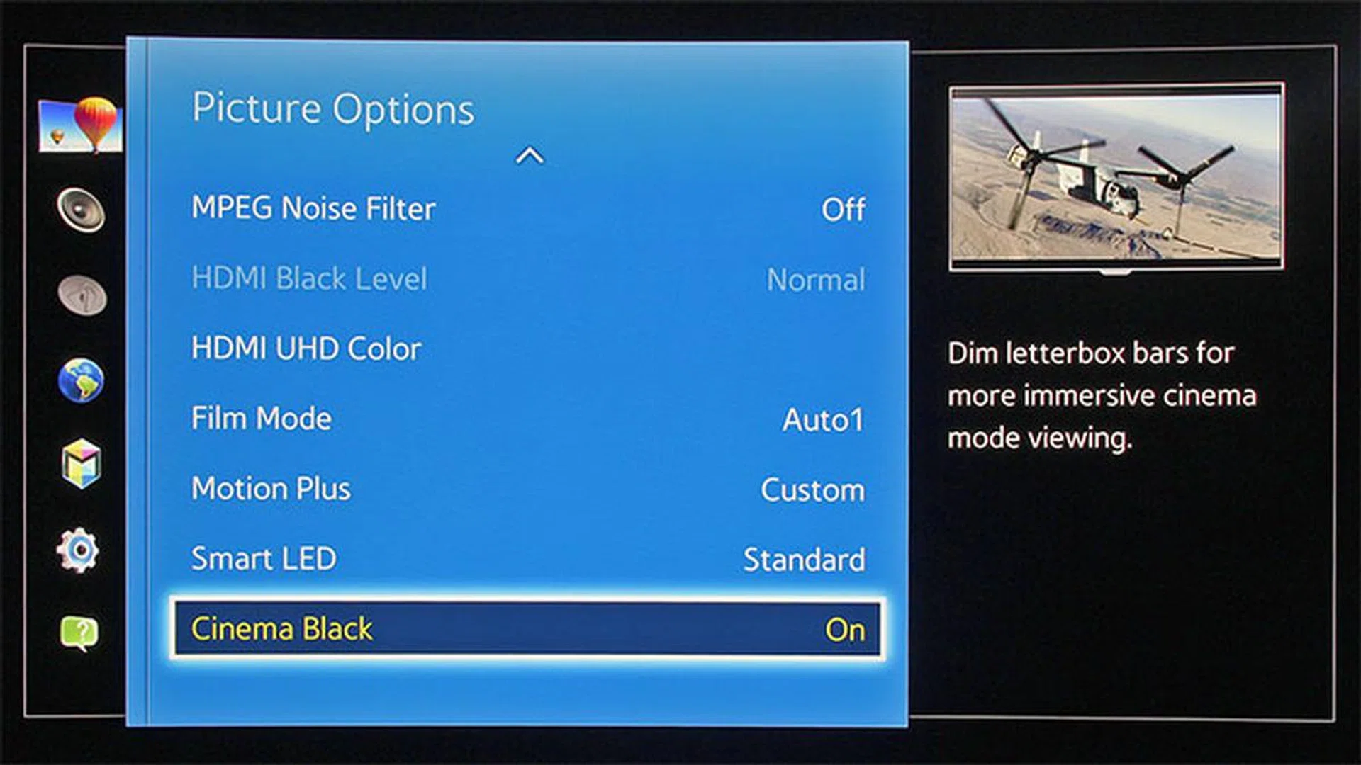 Only the curved HU9000 has this Cinema Black setting, which makes the black letterbox bars even blacker. Of course, the benefit is nullified if you turn on subtitles.