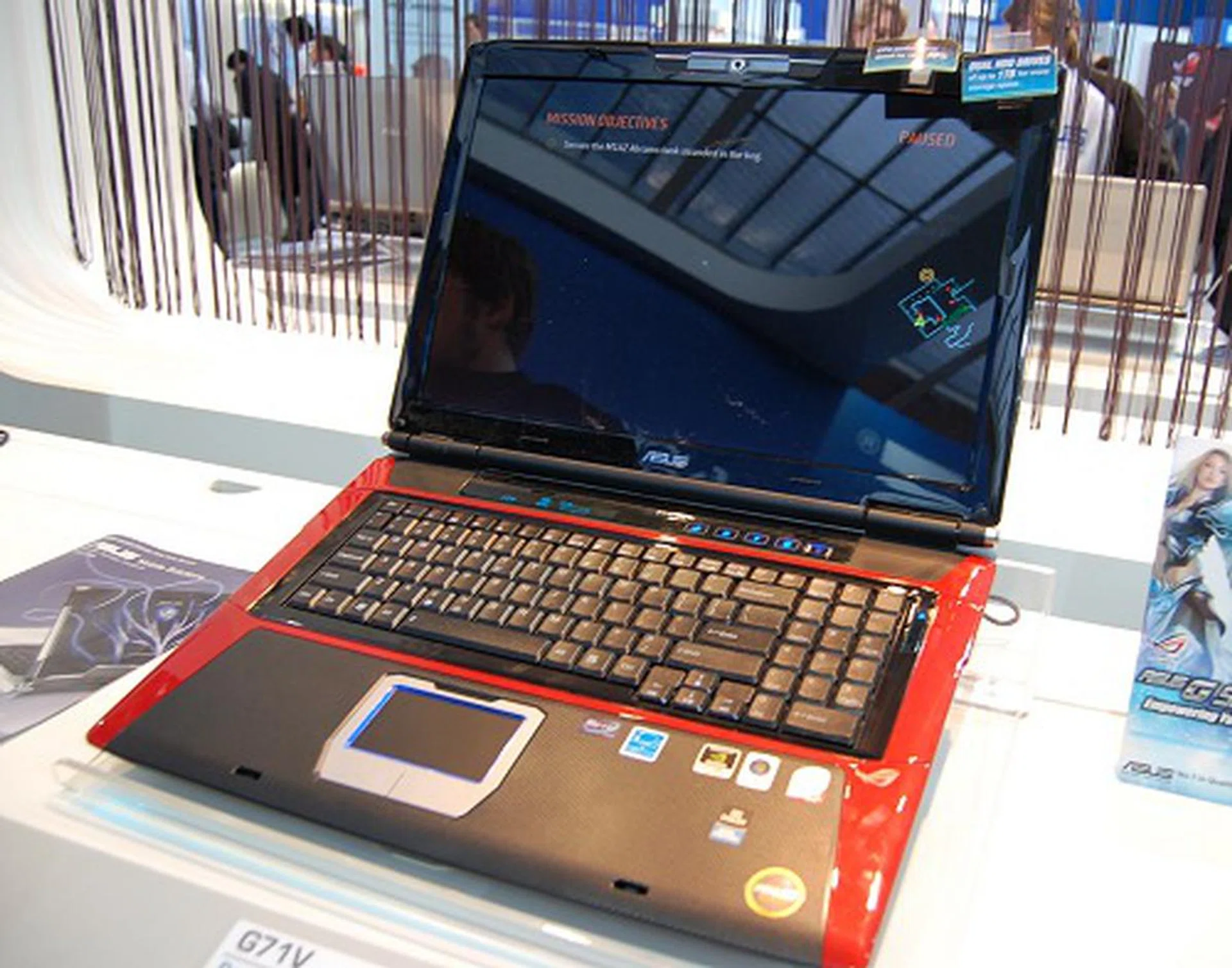  The G71G is part of the newer range of gaming notebooks from ASUS. Highlights include a Core 2 Quad or Duo processor, supports up to 12GB memory with 3 DIMM slots, 17-inch WUXGA (1920 x 1200) screen (and secondary two-line display for auxiliary use) driven by a GeForce 9800M GS 512MB. Powerful for gaming, but this weighs a staggering 4kg.  