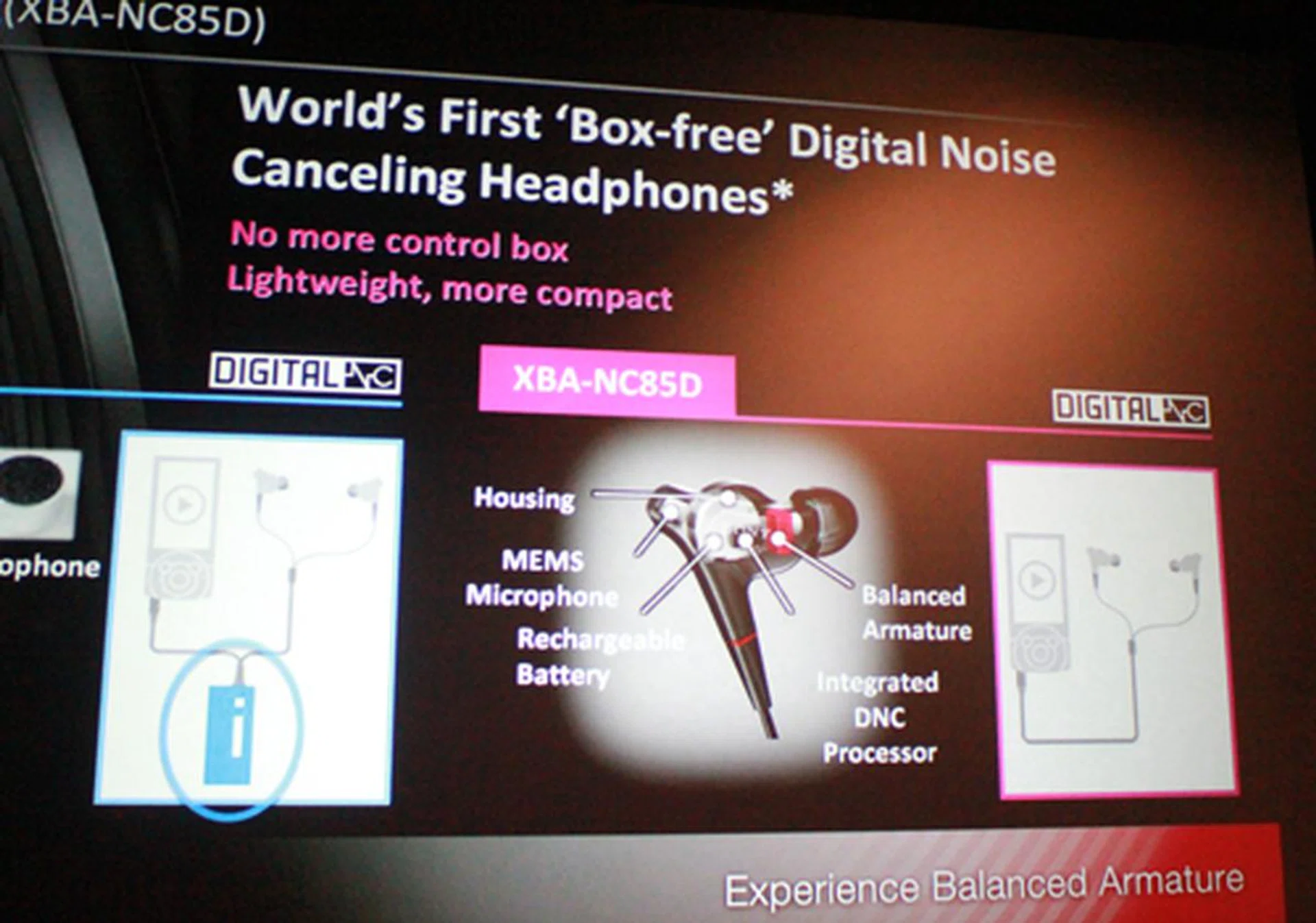 The XBA-NC85D is certainly a first in terms of digital noise-canceling headphones, as the combination of the tiny BA drivers and redesigned noise-canceling hardware let the engineers remove the oft-bulky control box altogether.