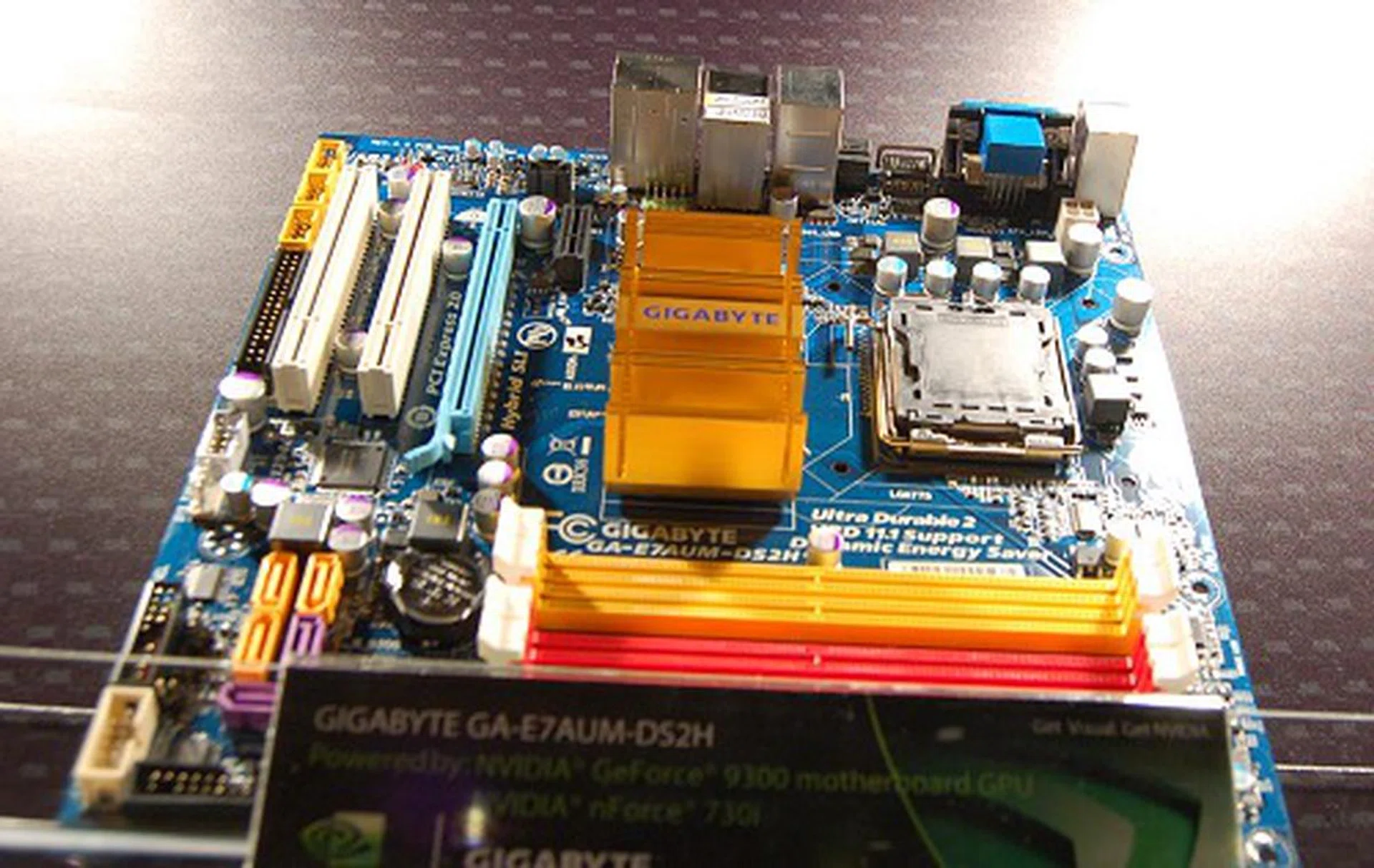 This is the Gigabyte GA-E7AUM-D2SH (GeForce 9300 mGPU + nForce 730i chipset). Though the GeForce 9300 mGPU is a single-chip solution, the I/O portion is still identified separately.