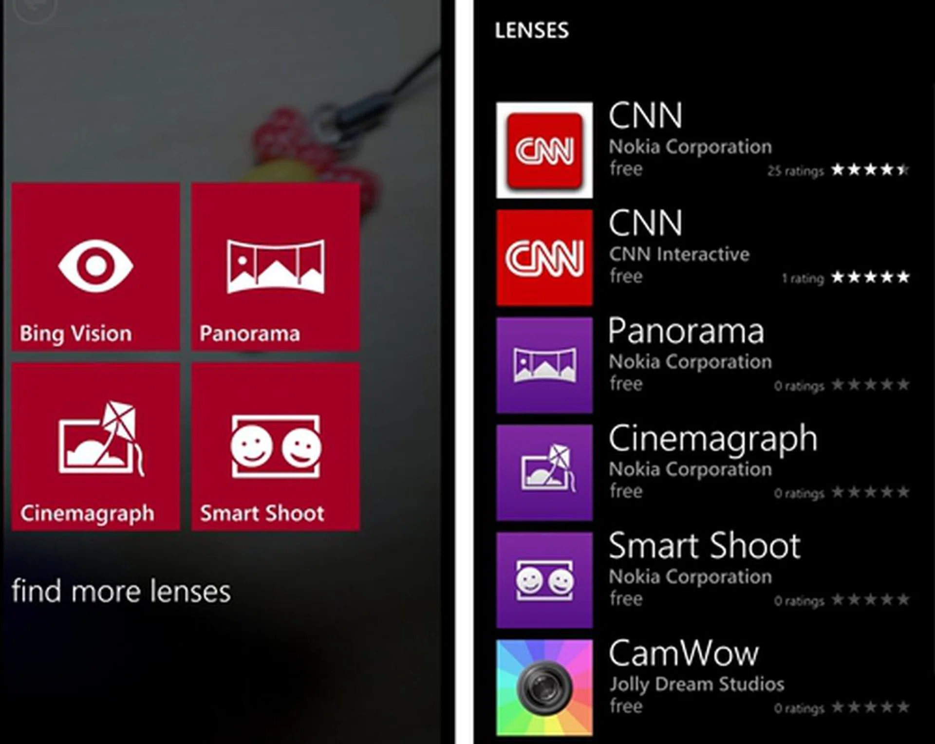 Simply tap "Find More Lenses" after entering Lenses to explore Microsoft and third-party lenses in the Windows Phone Store.