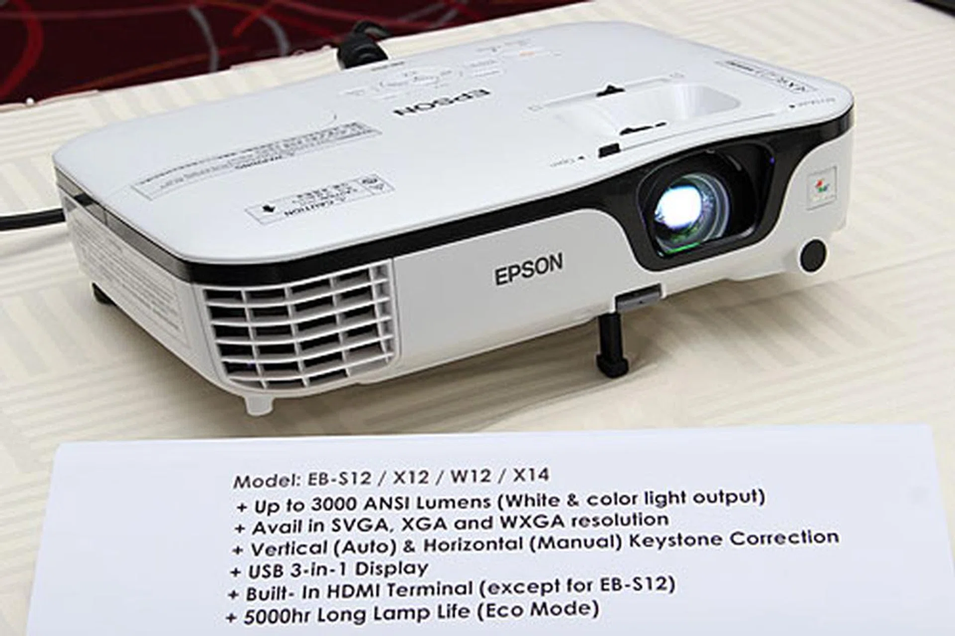 Compared to their predecessors, the four new models in the Epson EB-S, W, and X series have improved brightness of up to 3,000lm. The EB-X12/X14 and EB-W12 also come with an HDMI input. All four models allow for horizontal keystone adjustment.