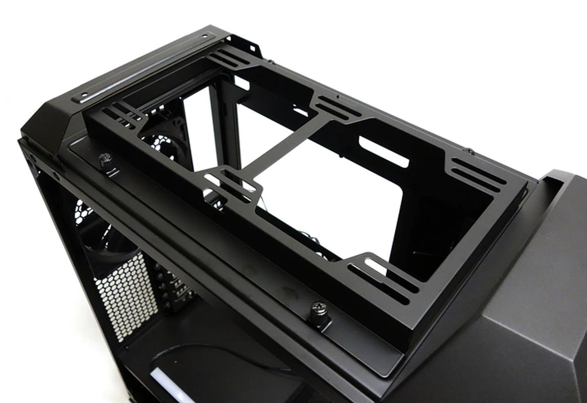 The liquid cooling radiator bracket is now bundled and installed within the chassis.