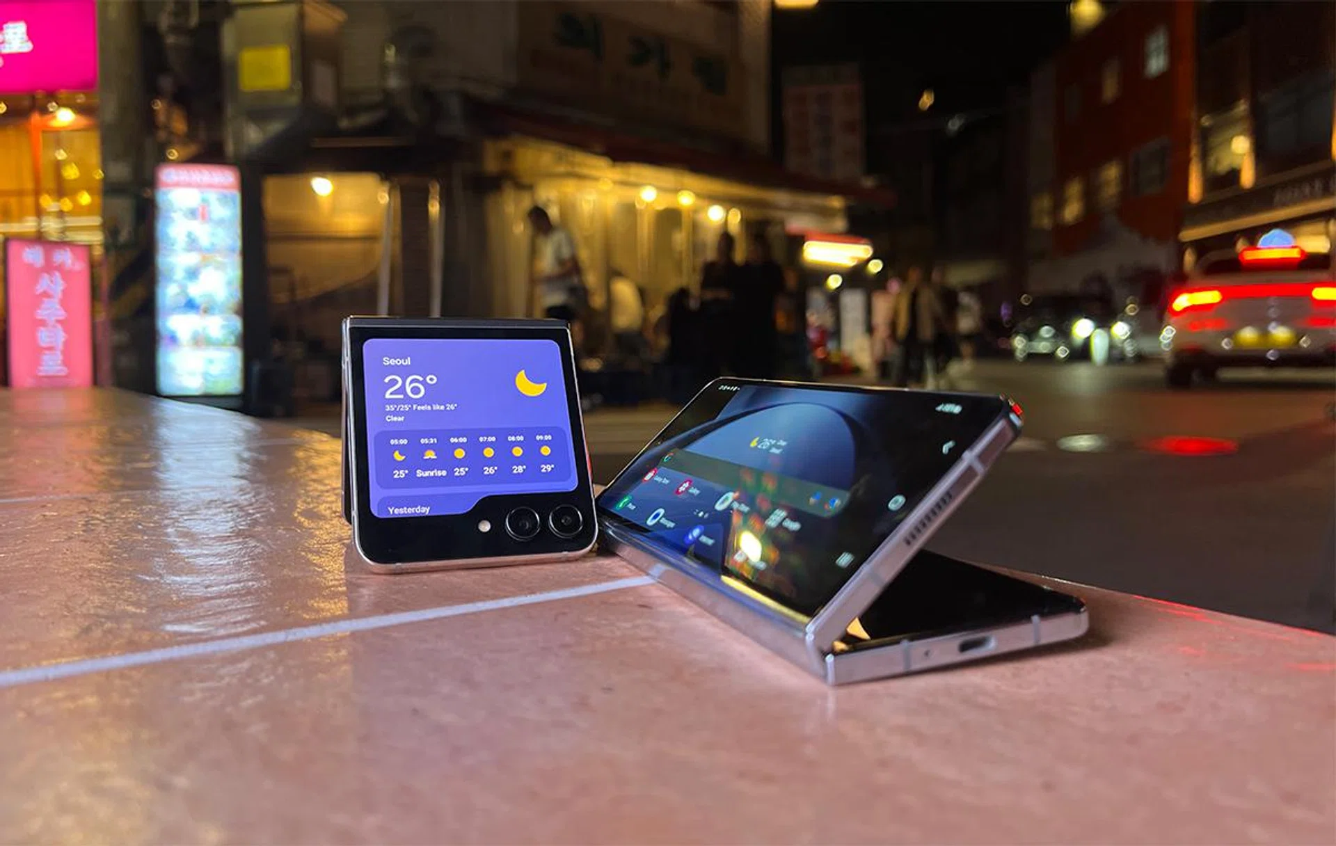 Samsung Galaxy Z Fold5 (right) with the Galaxy Z Flip5 clamshell foldable (left).