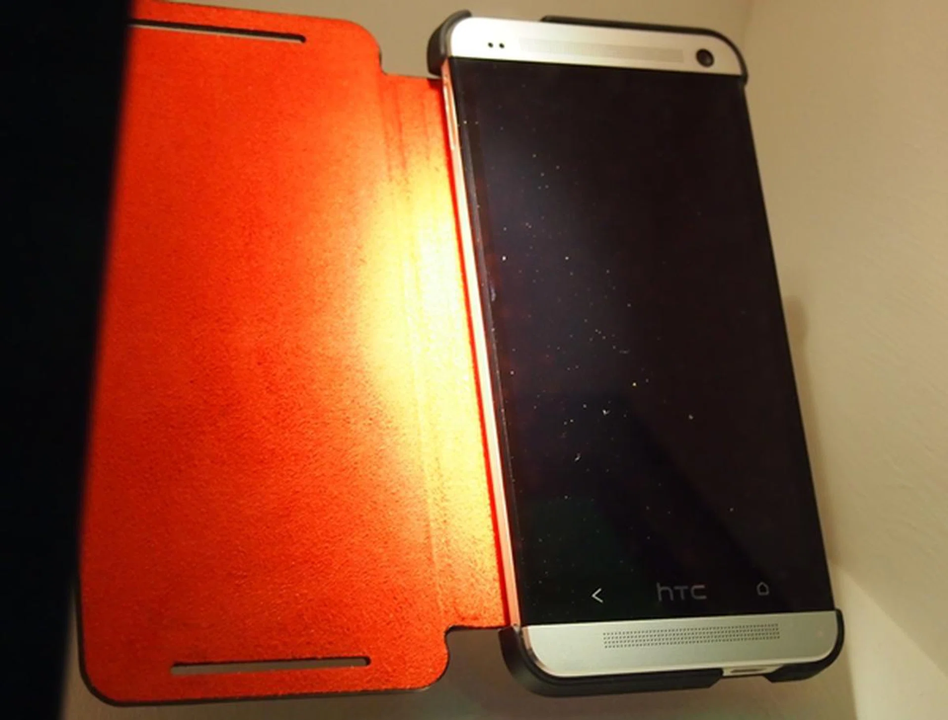 Seen here is the flip cover for the HTC One.