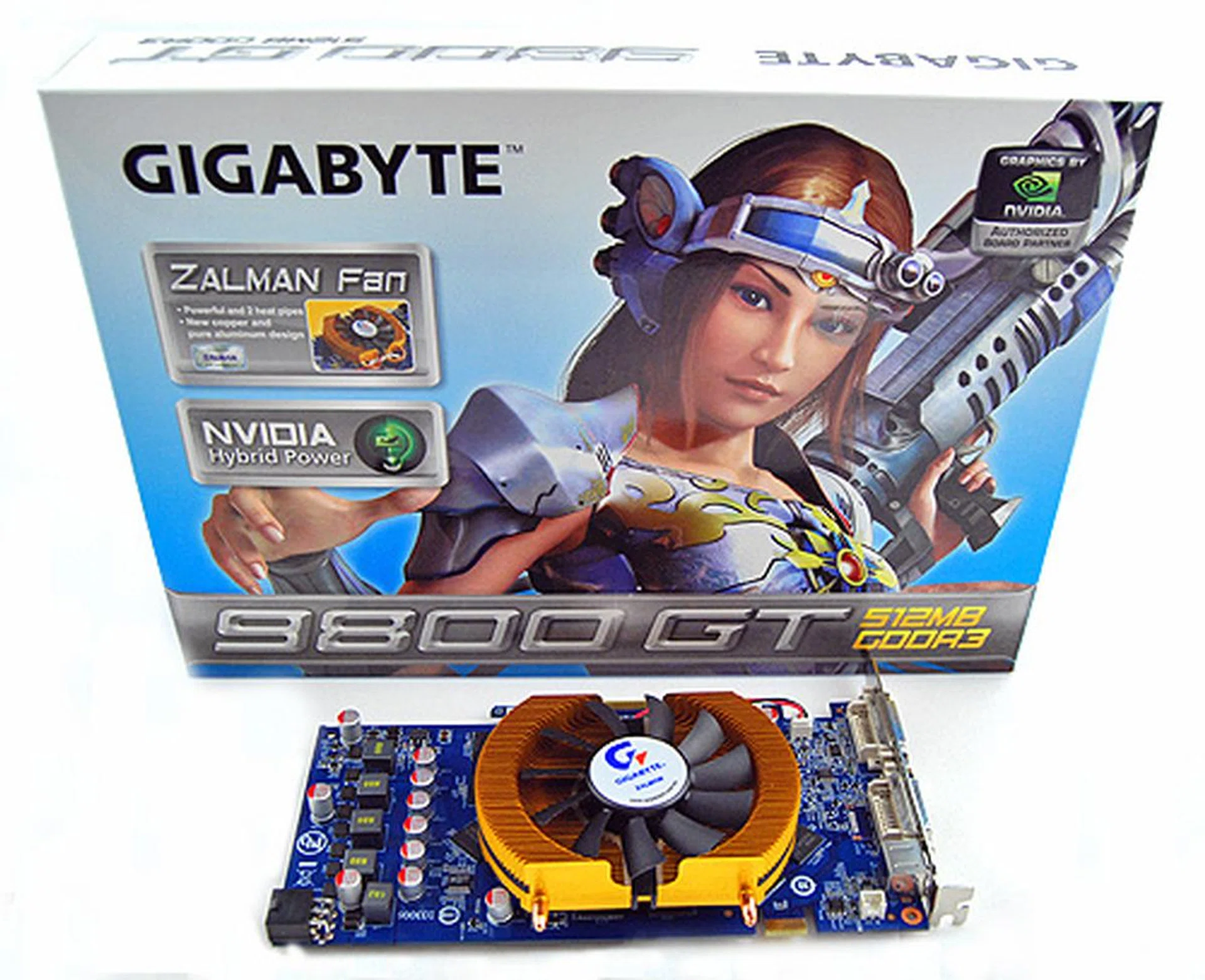 The Gigabyte 9800 GT came in a simple looking box, featuring what seems to be some sort of a warrior princess.