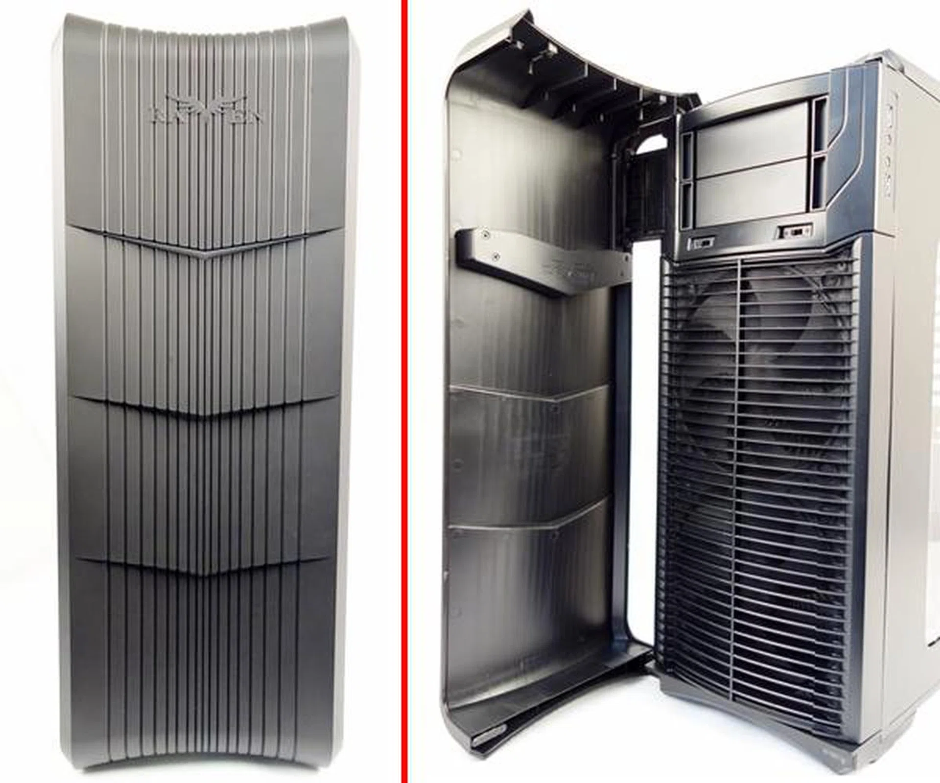 The casing sports a unique looking facade. It is actually a reinforced plastic front cover that swings open at the hinges.