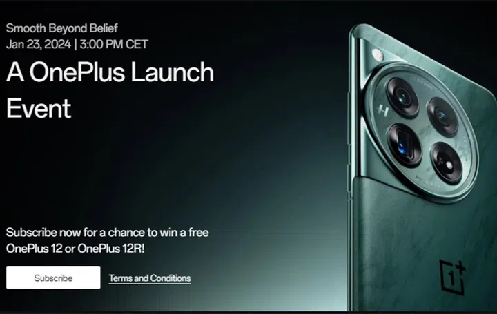 OnePlus's 23 launch announcement for 23 January 2024, as seen on its Europe website. Note the mention of OnePlus 12 and 12R below. Source: OnePlus.